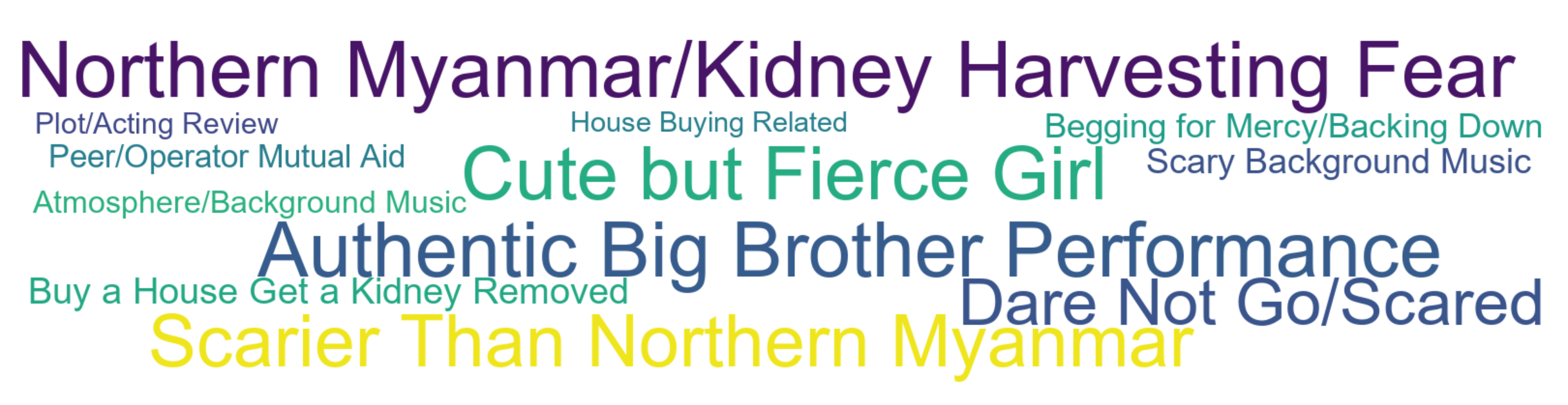 Word Cloud: Northern Myanmar/Kidney Harvesting Fear, Authentic Big Brother Performance, Cute but Fierce Girl, Scarier Than Northern Myanmar, Dare Not Go/Scared