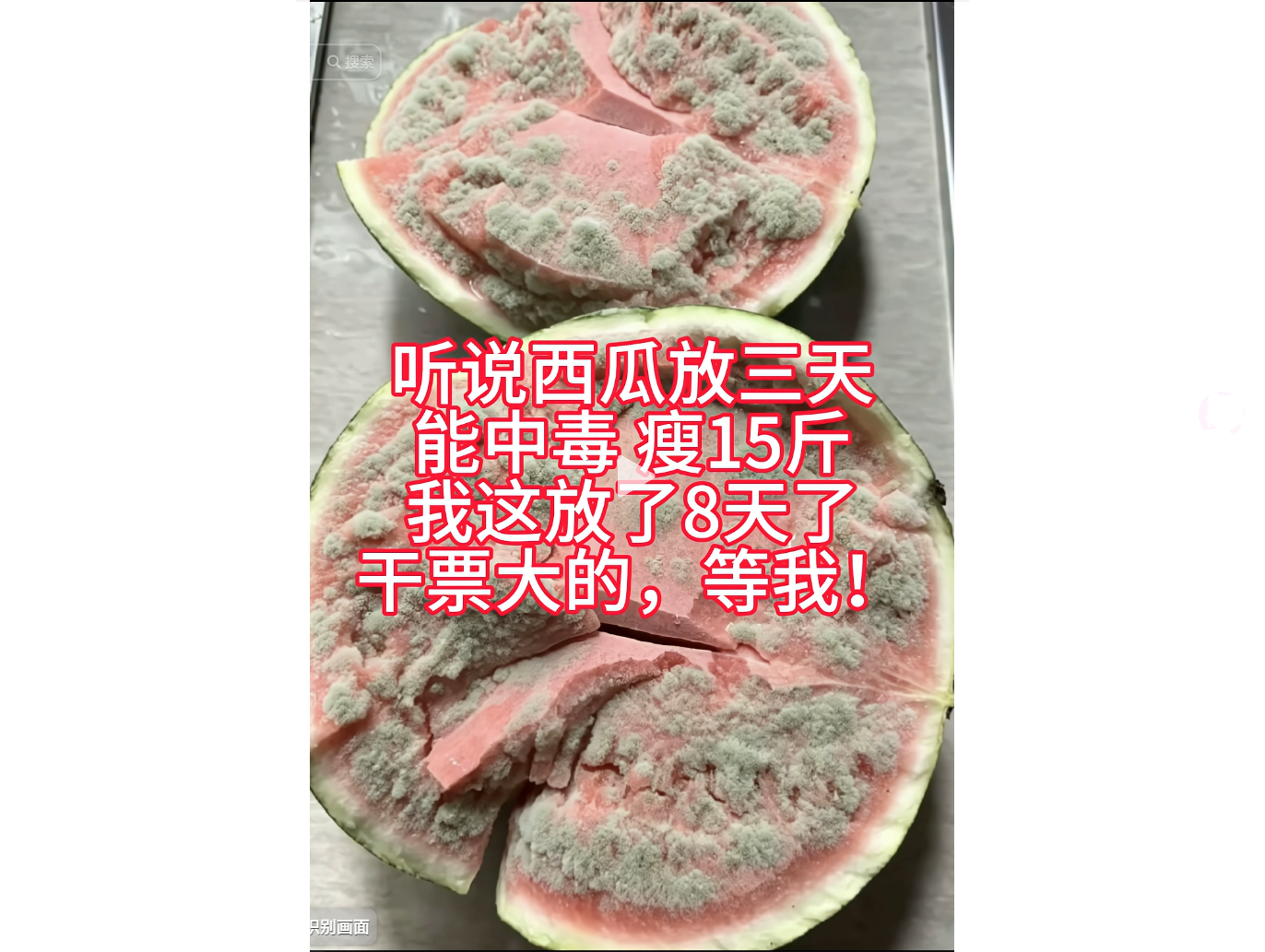 發霉的西瓜切片,表面覆蓋灰綠色霉菌。