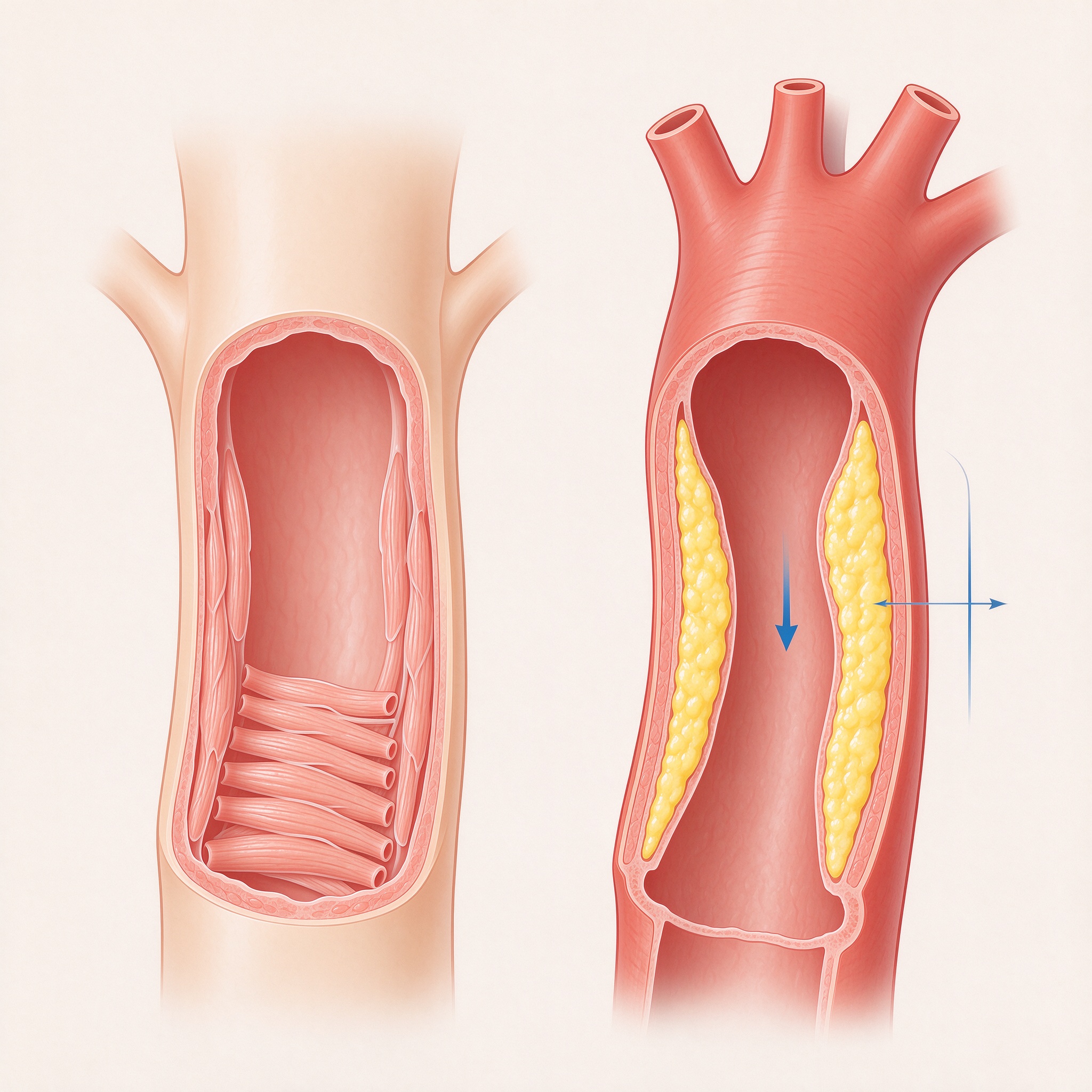 Illustration comparing a healthy blood vessel with an atherosclerotic one