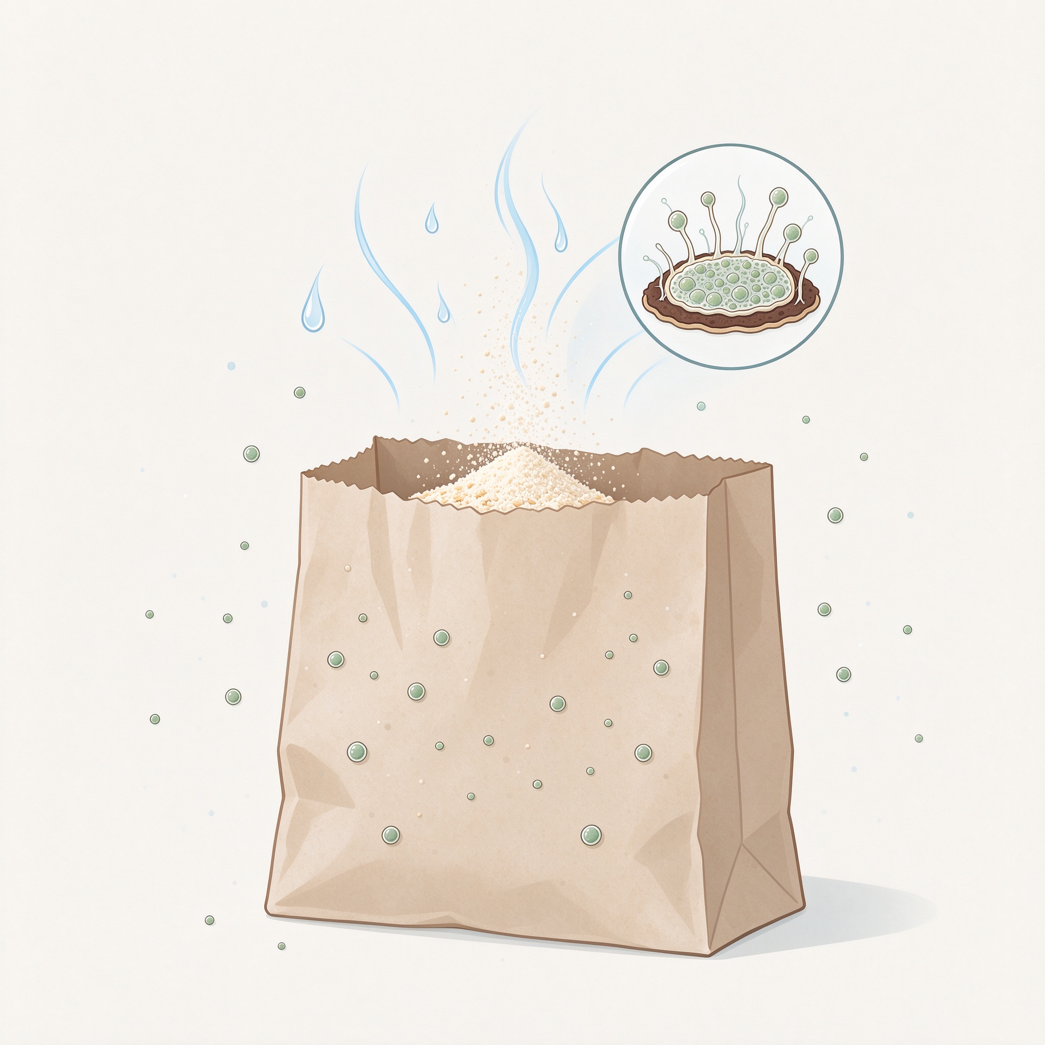 Illustration of moisture and spores spreading in a powdered food bag