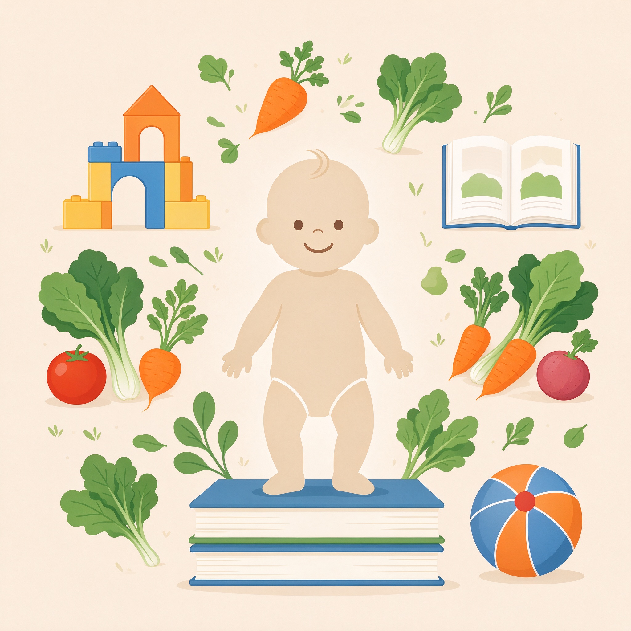 Illustration of a child's enriched environment (books, toys, fresh food)