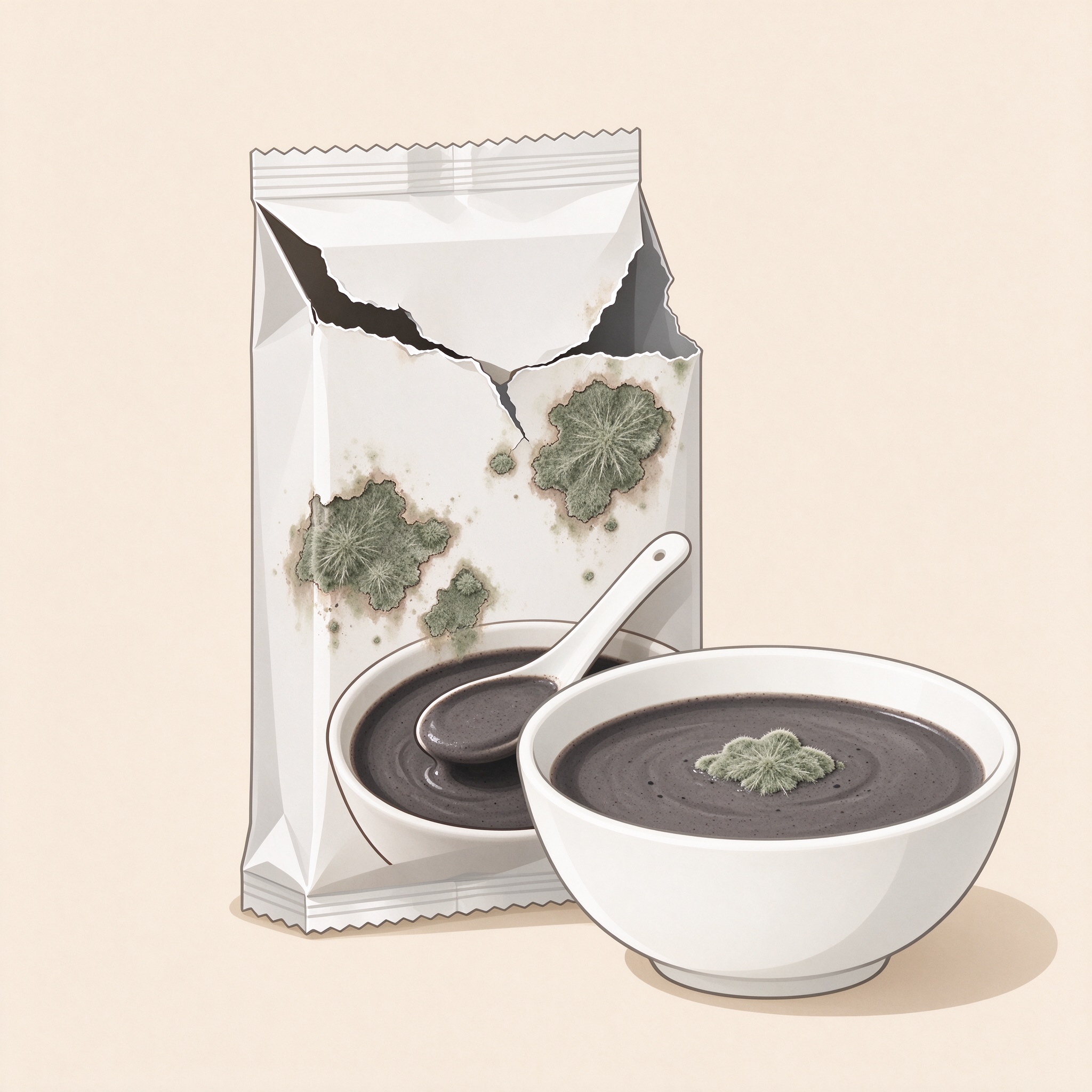 Illustration of a moldy black sesame paste package