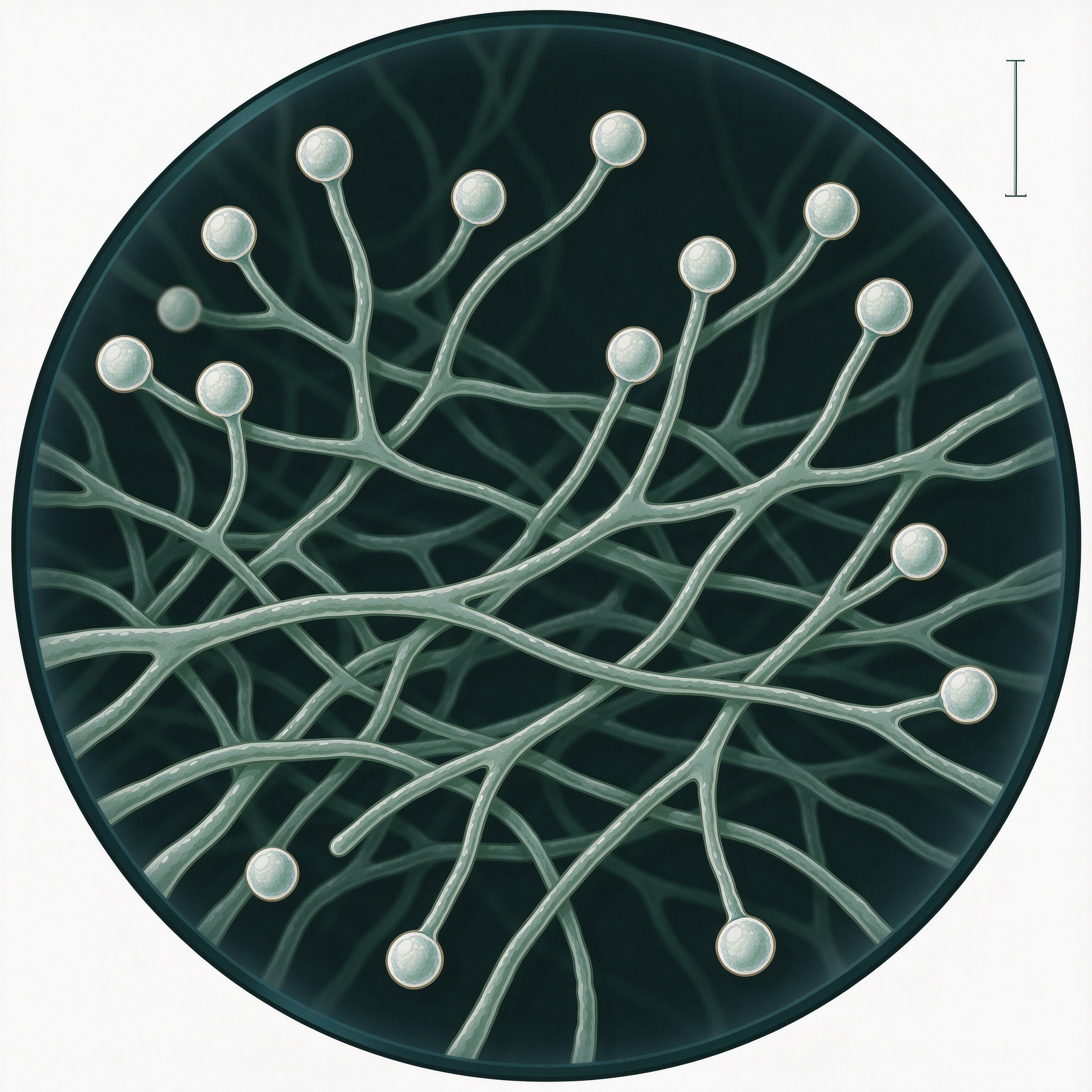 Illustration of mold hyphae and spore heads under a microscope