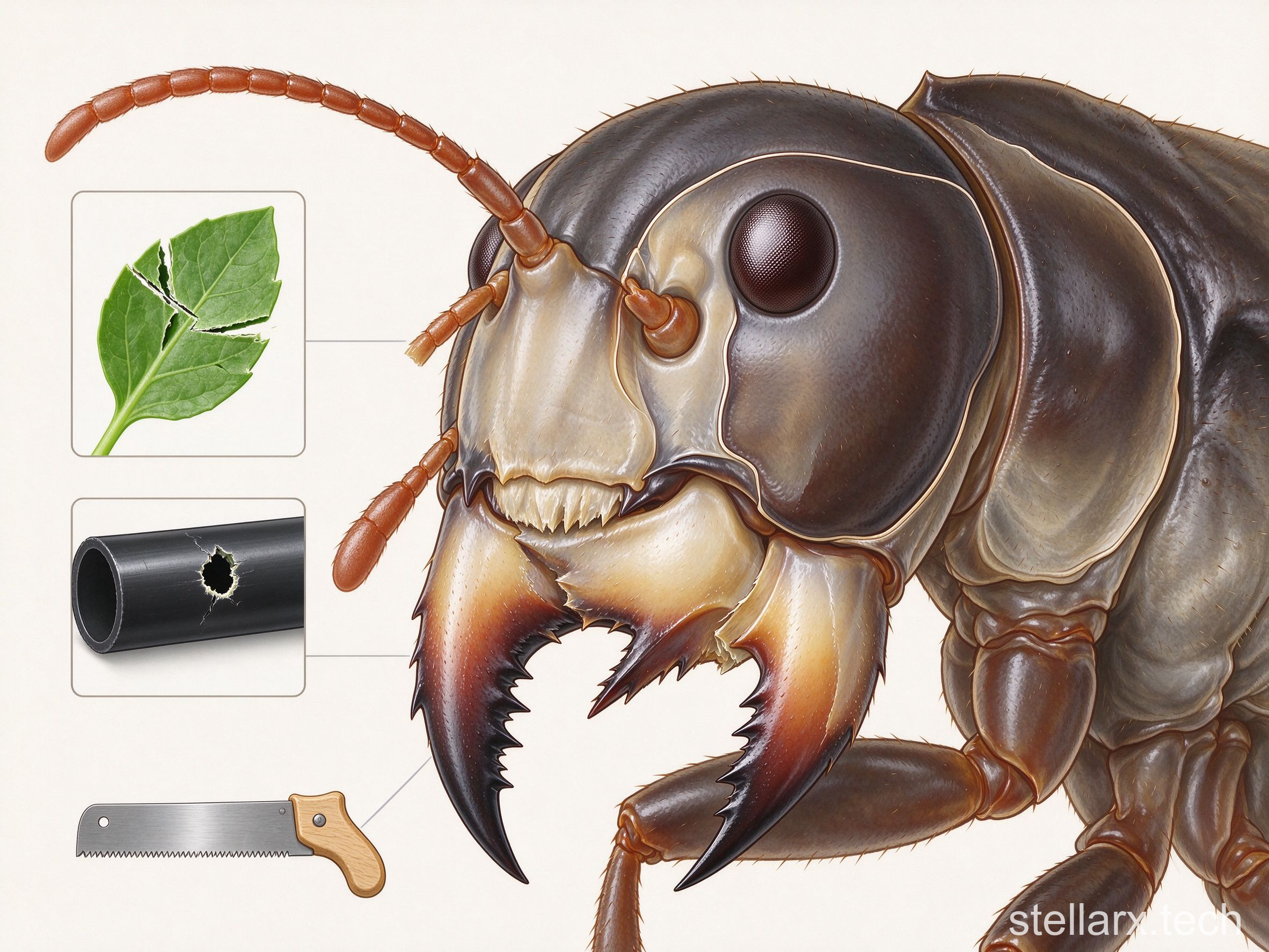 Moth larva with developed mandibles chewing a plastic car part with round holes