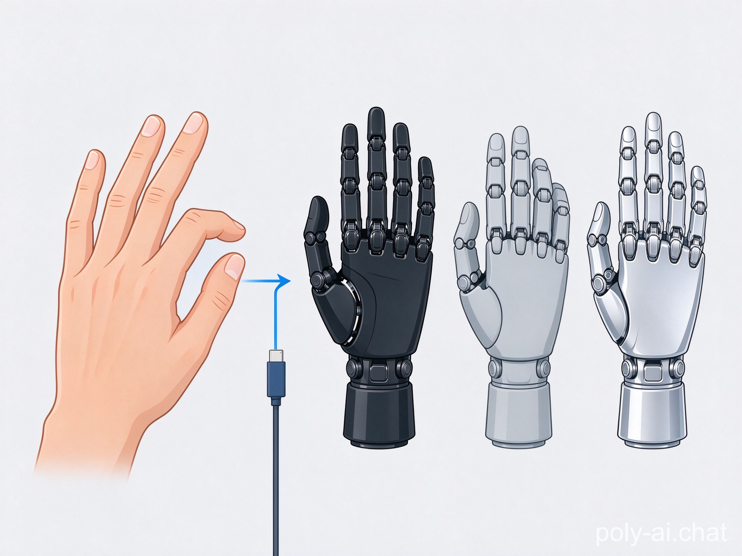 Human hand motion retargeting to three different robot hands, dexterity transfer illustration
