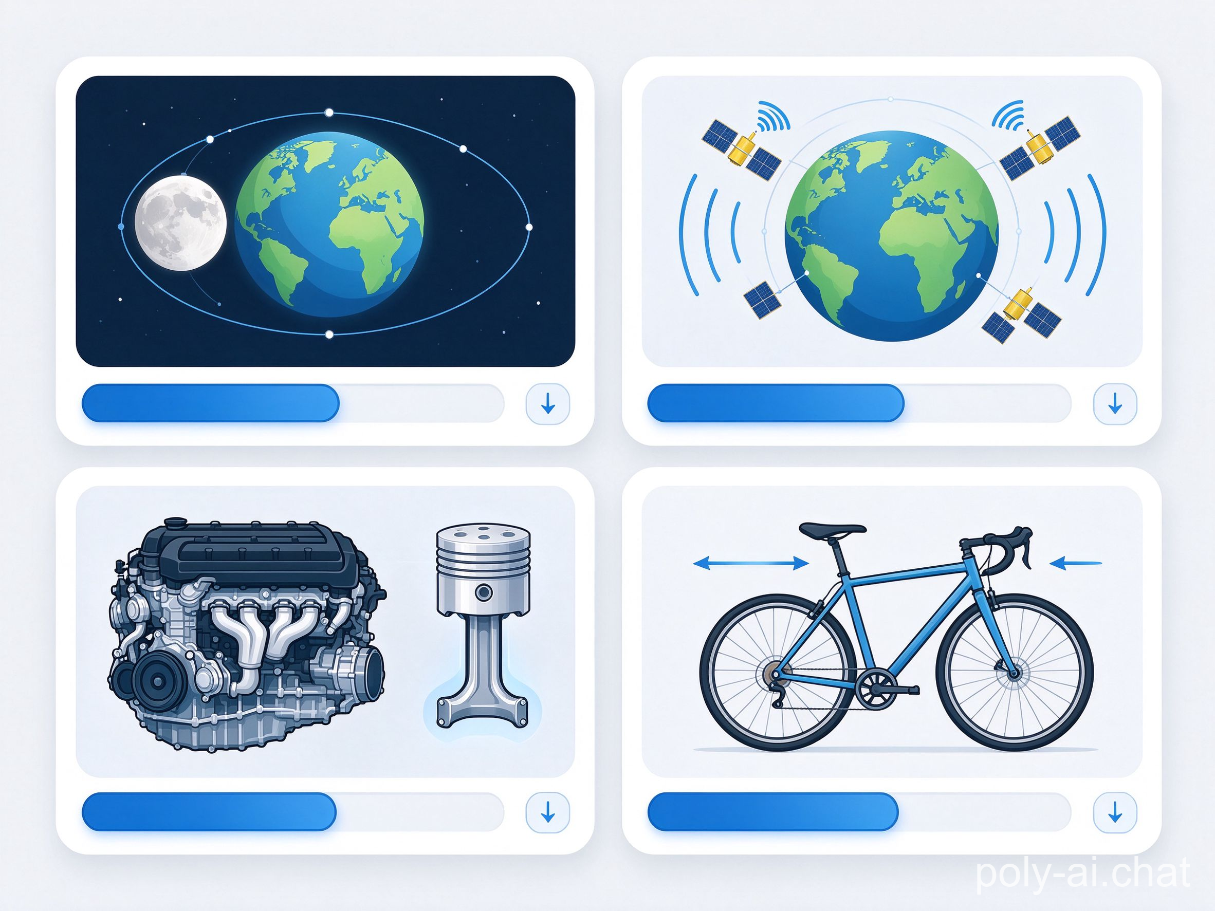 Four interactive physics topics: moon orbit, GPS satellites, engine, bicycle balance