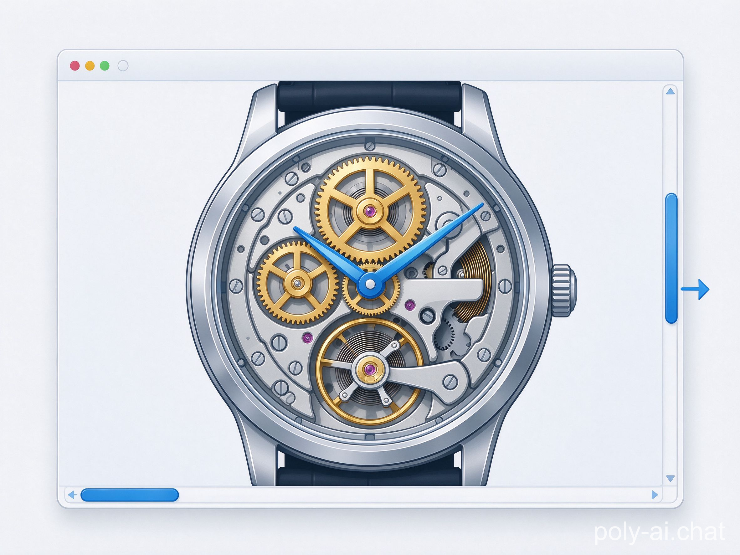Interactive mechanical watch simulation in a browser window with gears and sliders