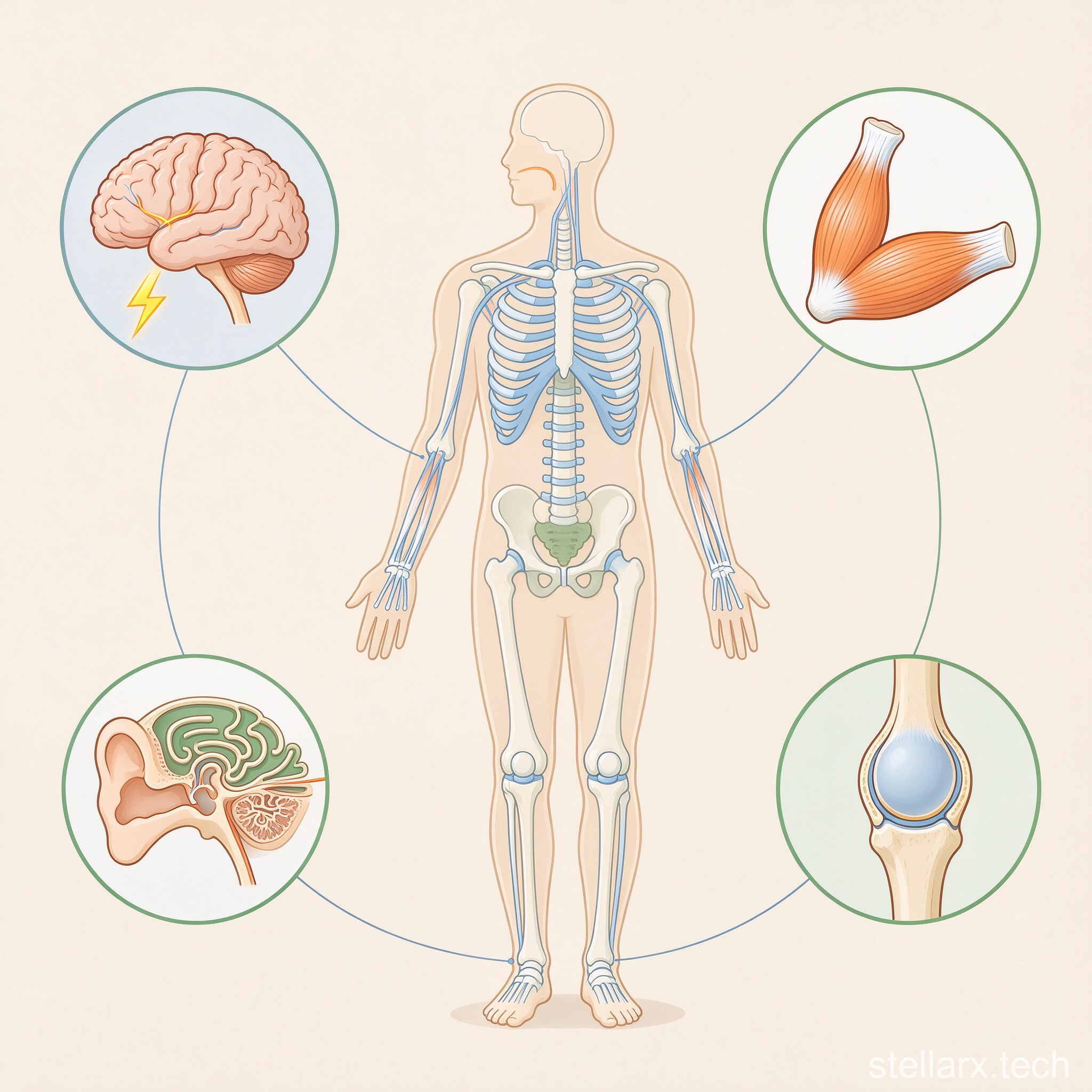 Illustration of the multi-system coordination behind balance (brain, muscle, vestibular, joints)