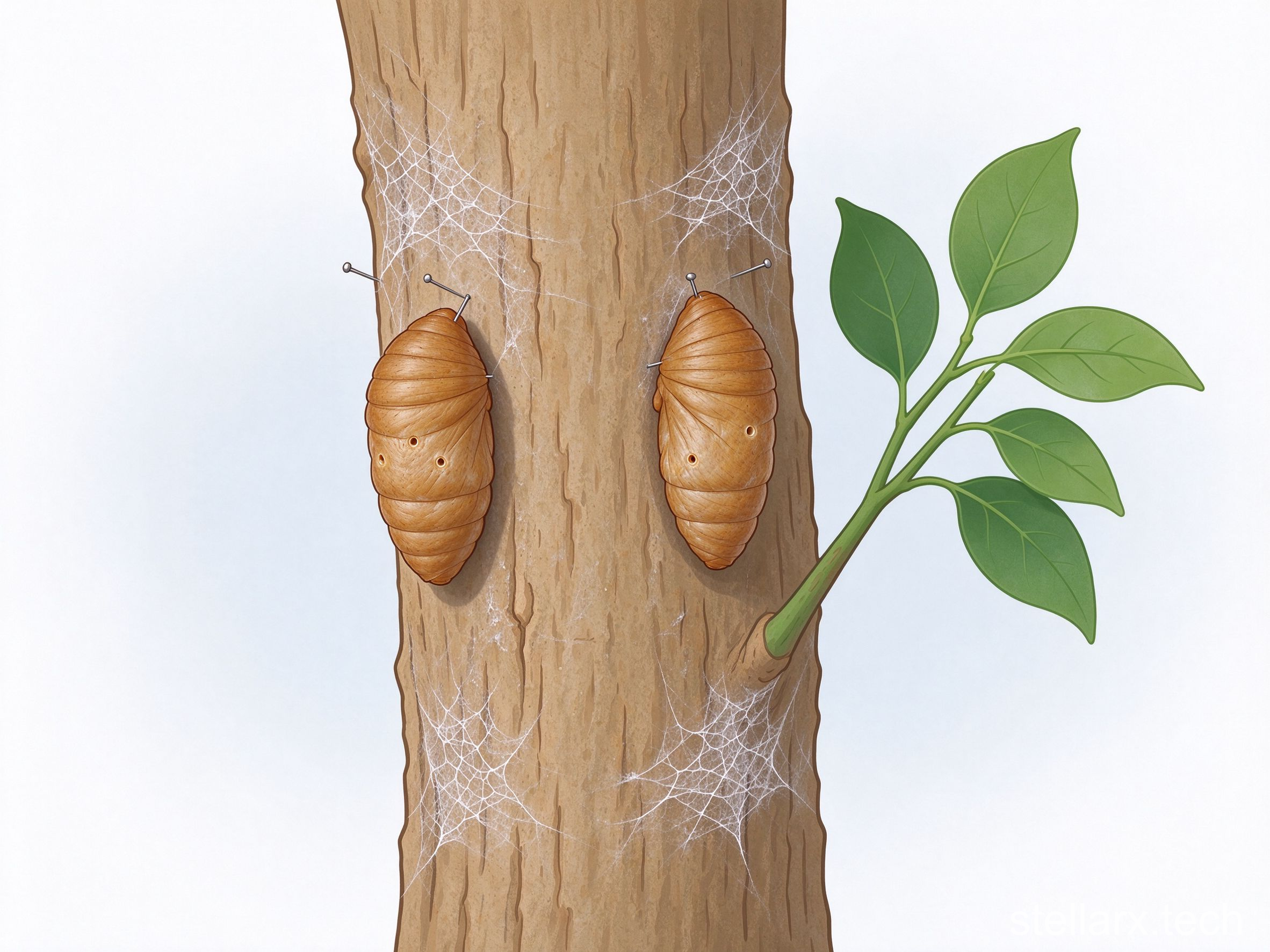 Illustration of tussah pupae pinned on a tree trunk for release