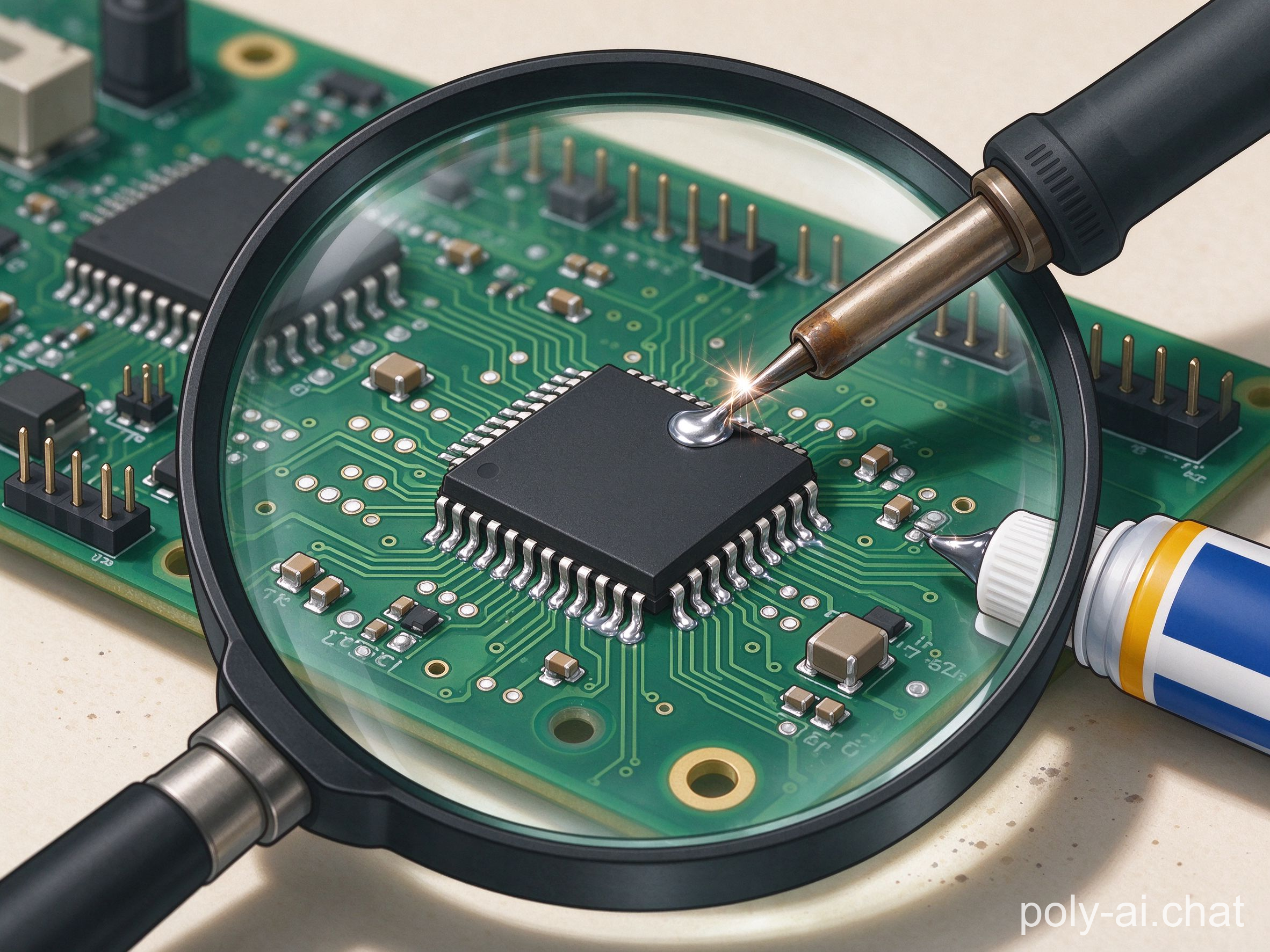 Soldering iron drag-soldering a memory chip onto a USB controller board under a magnifier