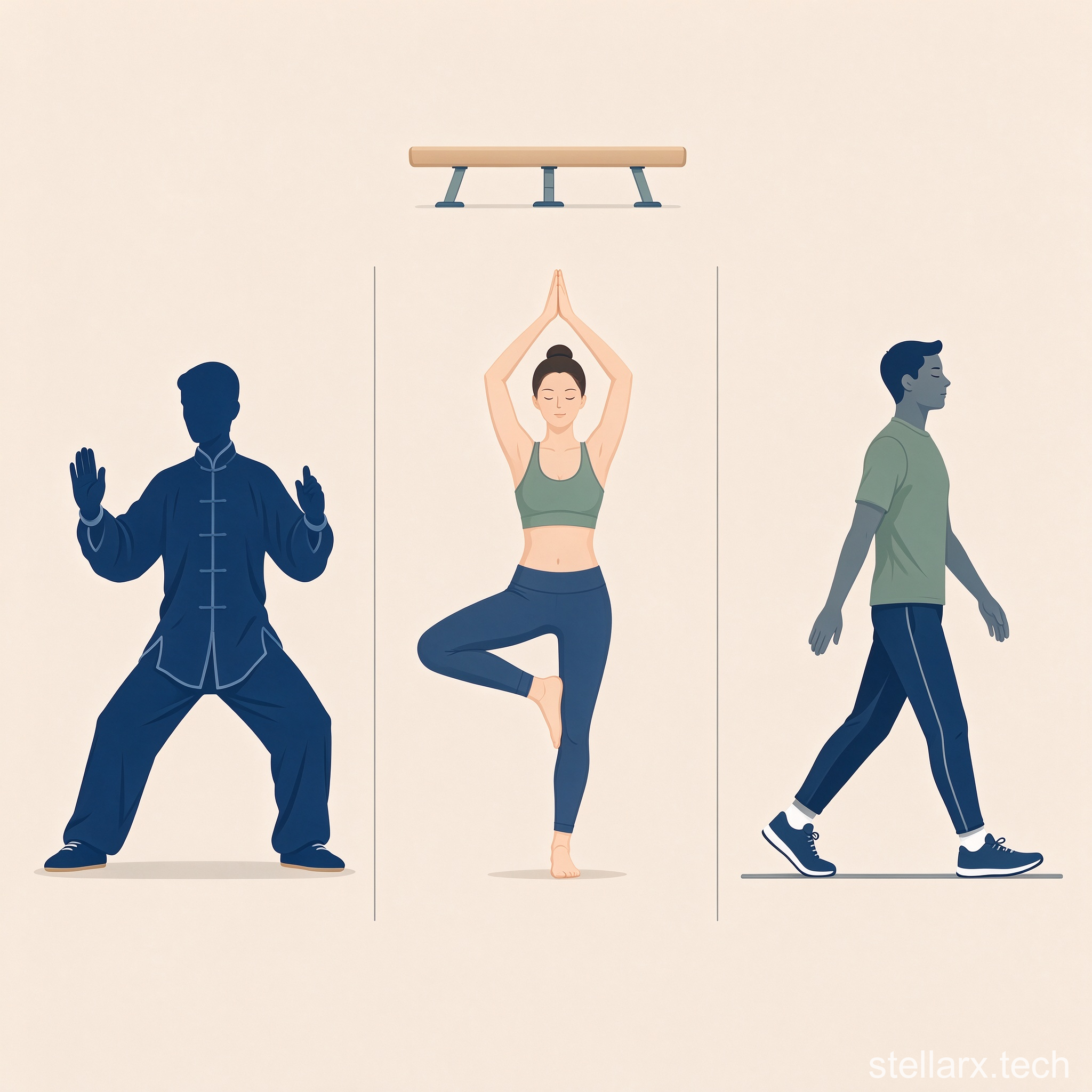 Illustration of balance training (tai chi, yoga, straight-line walking)