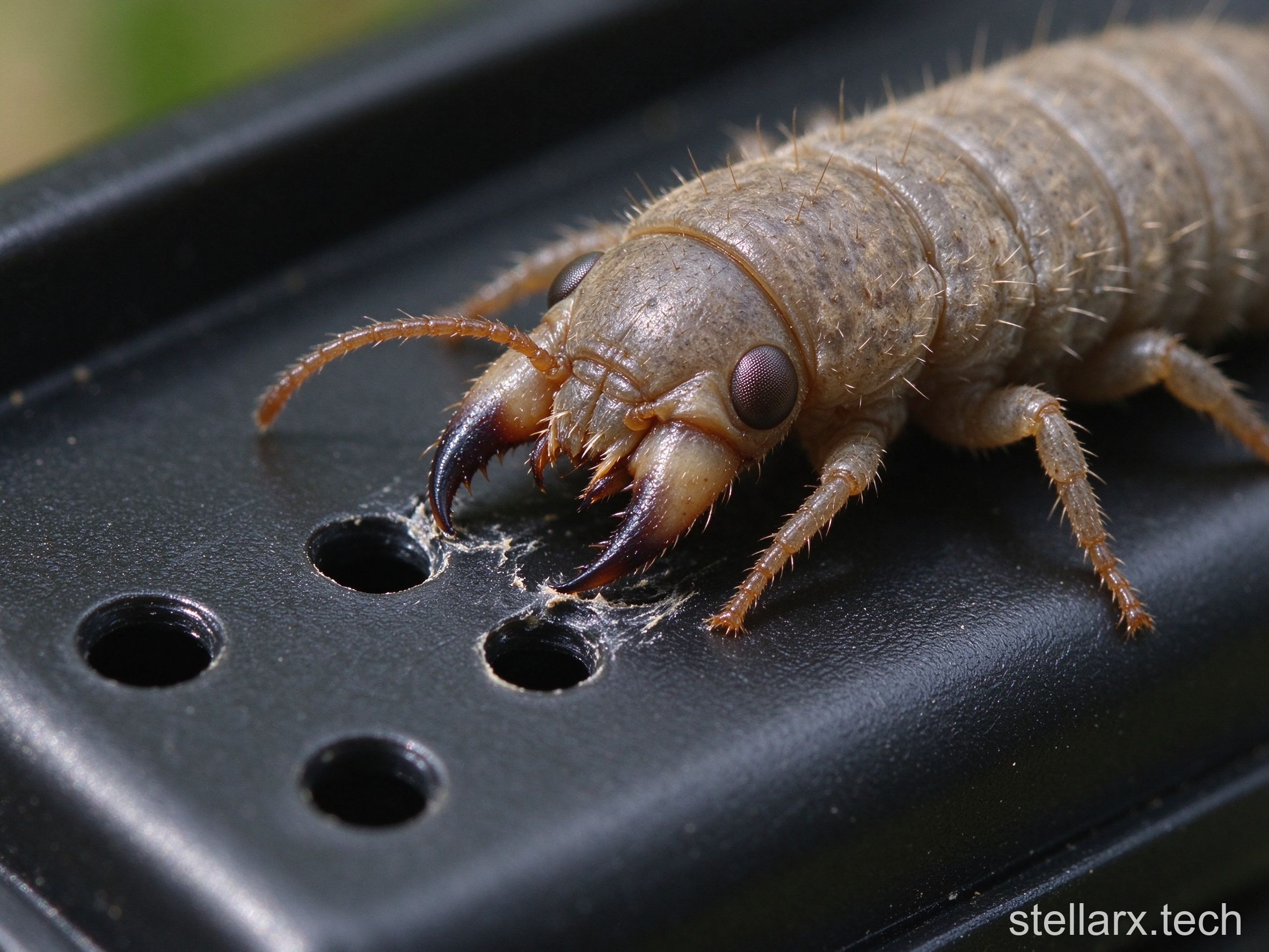 Car parked under a golden rain tree with a moth larva on the bumper, urban pest illustration