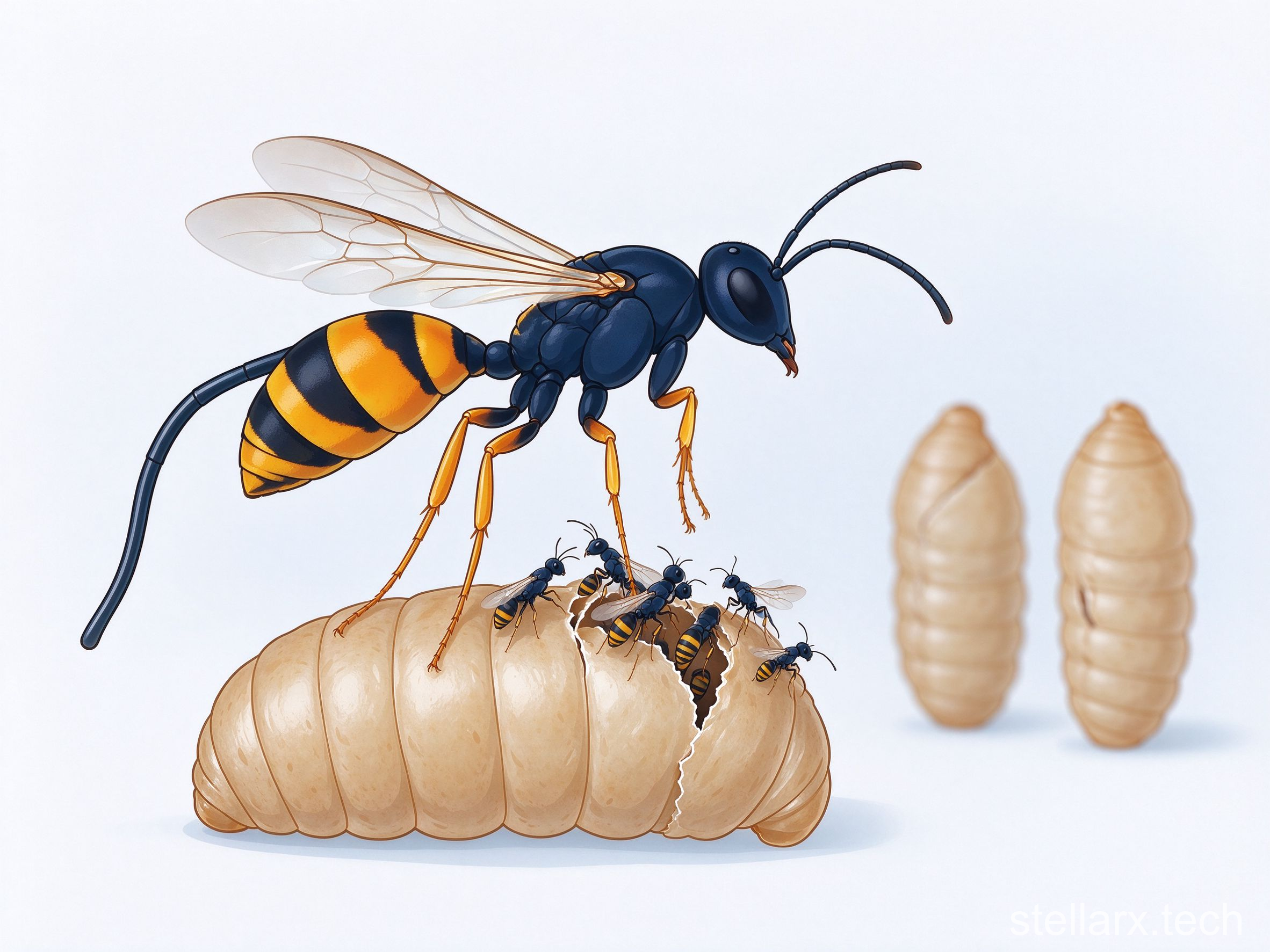 Illustration of Chouioia cunea emerging from a parasitized pupa