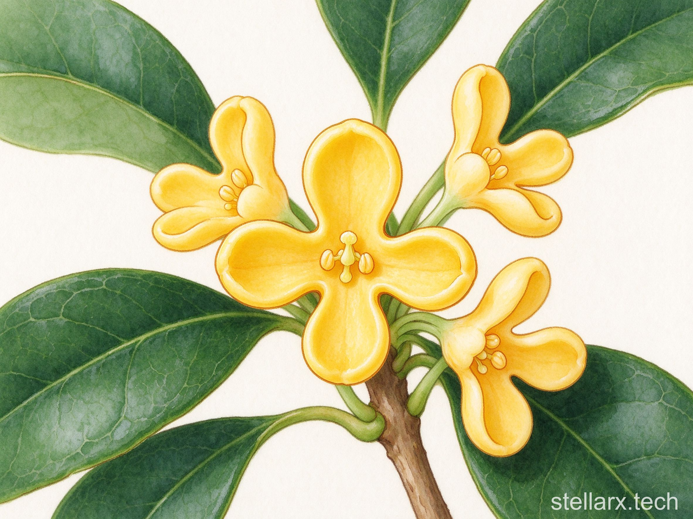 Golden osmanthus flowers blooming on green branches in autumn, warm illustration