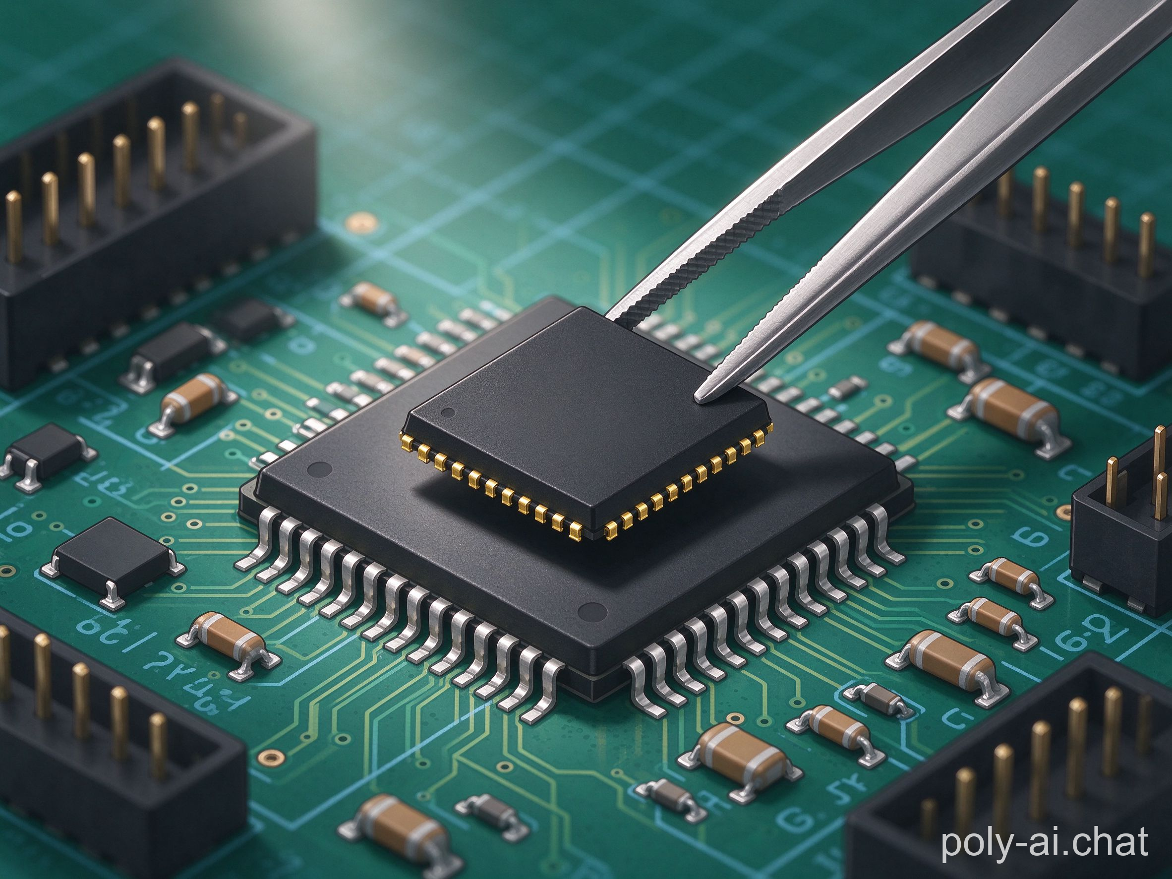 Tweezers lifting a black storage chip from a phone mainboard, eMMC salvage close-up