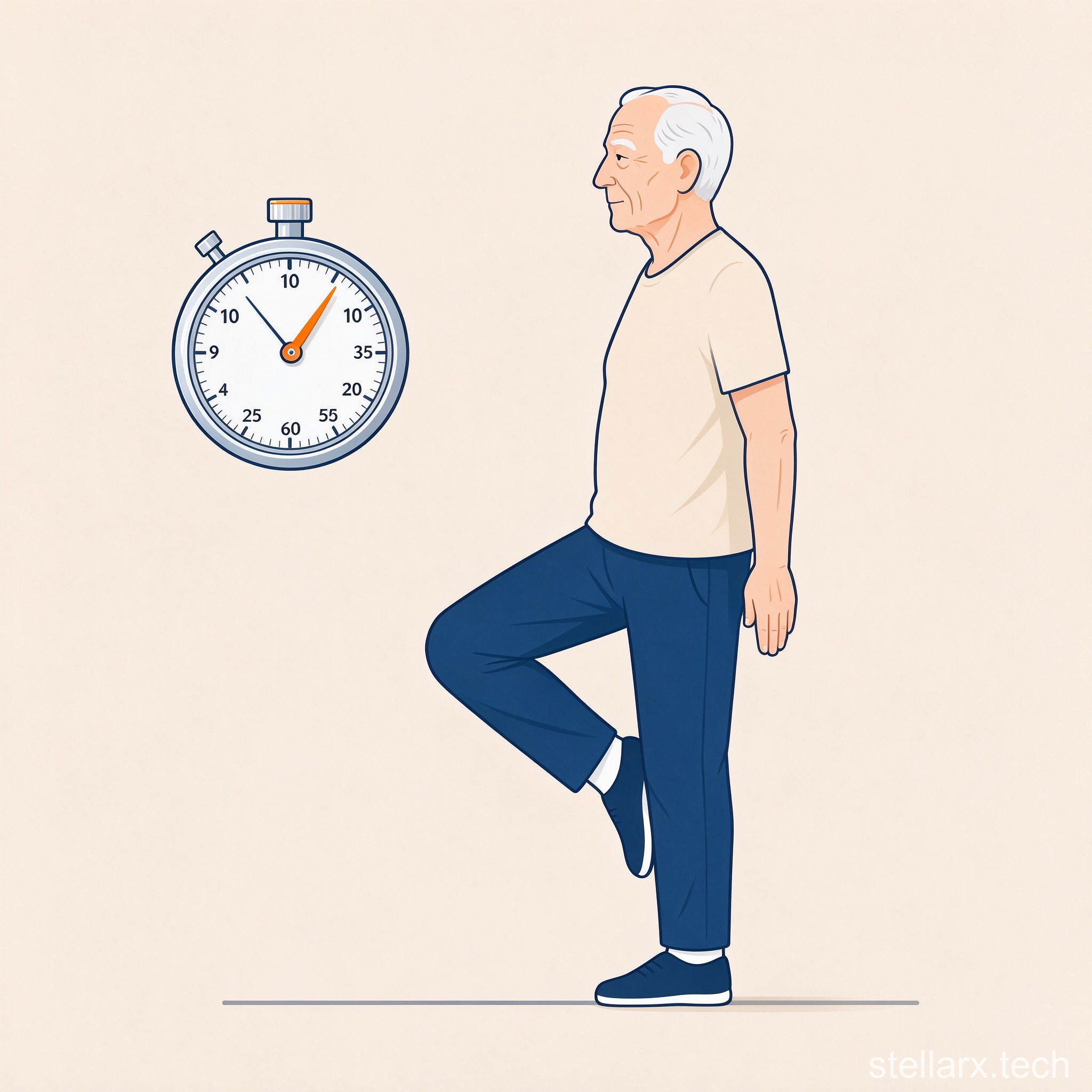 Illustration of an older adult performing the one-leg standing test with a stopwatch