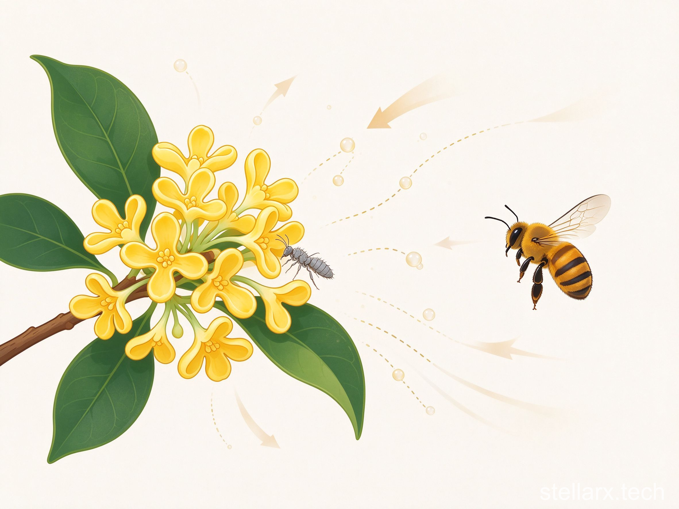 Push-pull pollination illustration: thrips attracted to osmanthus by scent molecules, bees kept away