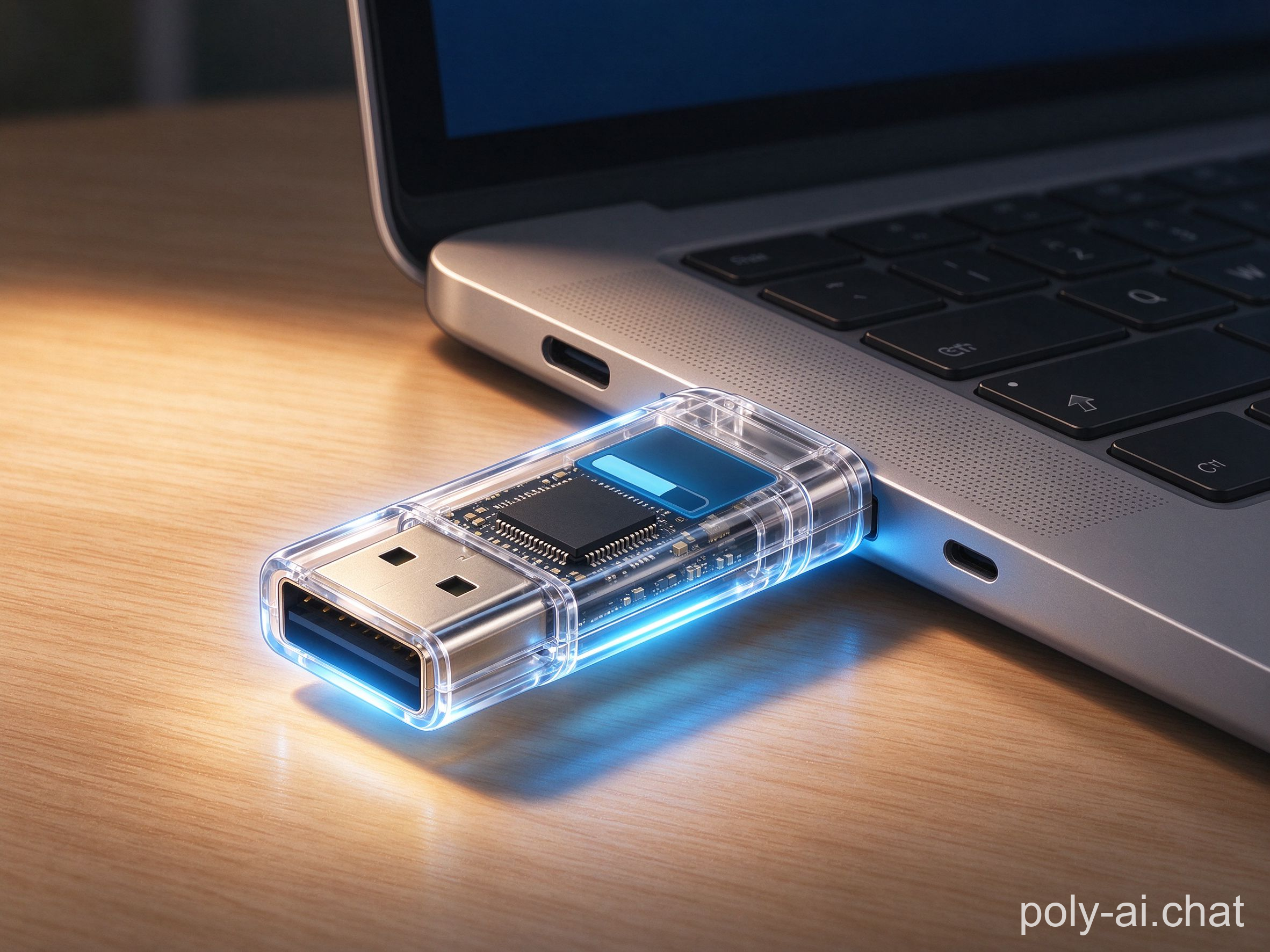 Finished transparent-resin USB drive plugged into a laptop, salvaged chip glowing