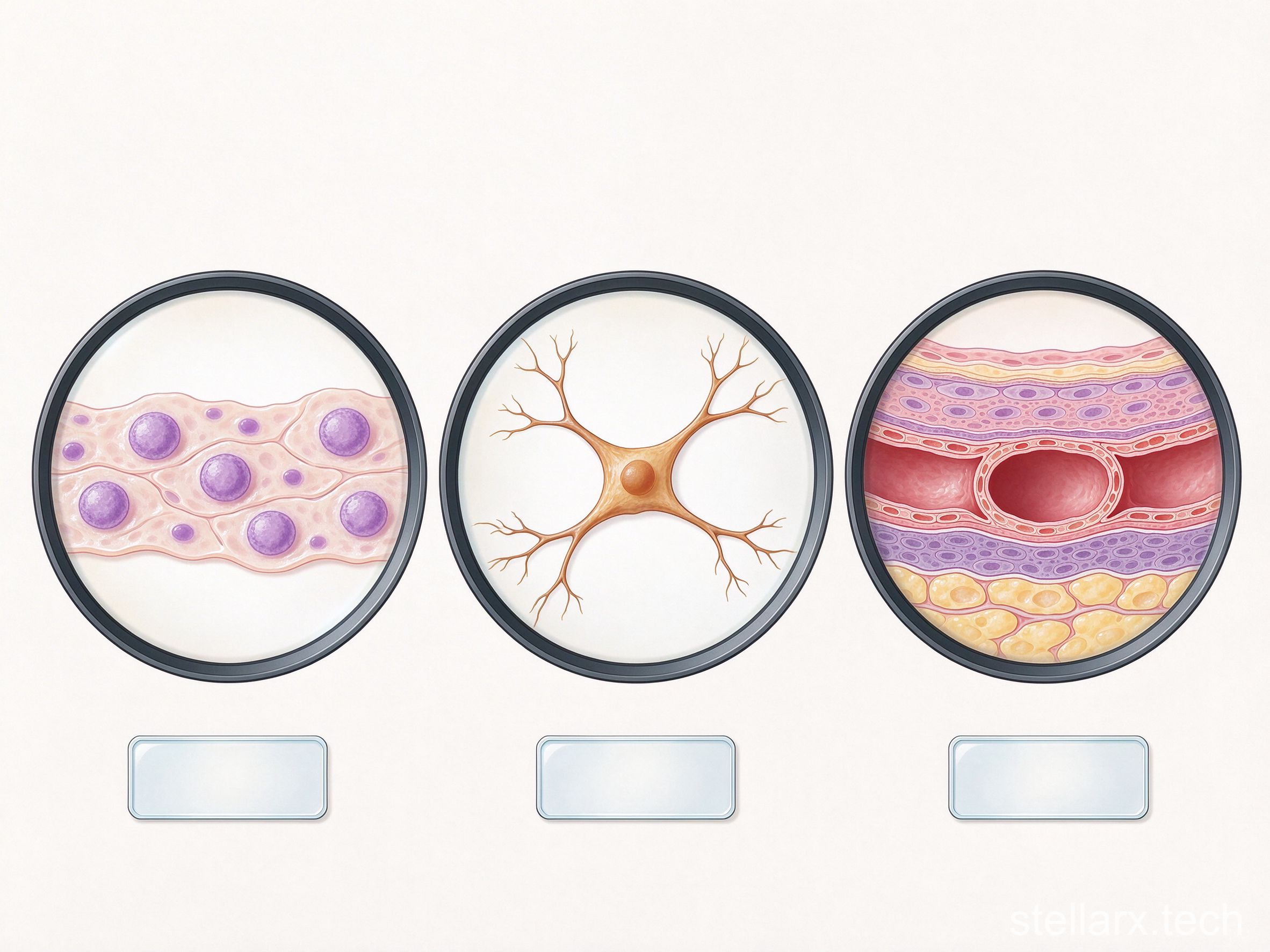 Human cell smear, nerve cells, and blood vessel cross-section under the microscope