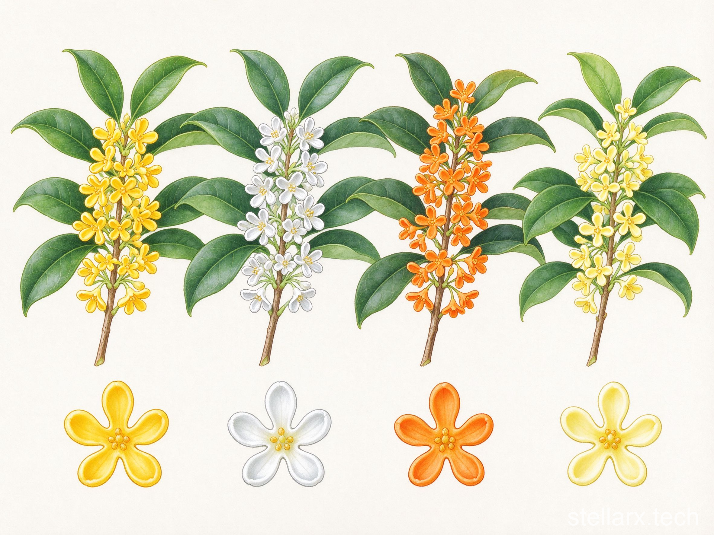 Four osmanthus cultivar groups comparison: golden, silver, orange and everblooming flowers