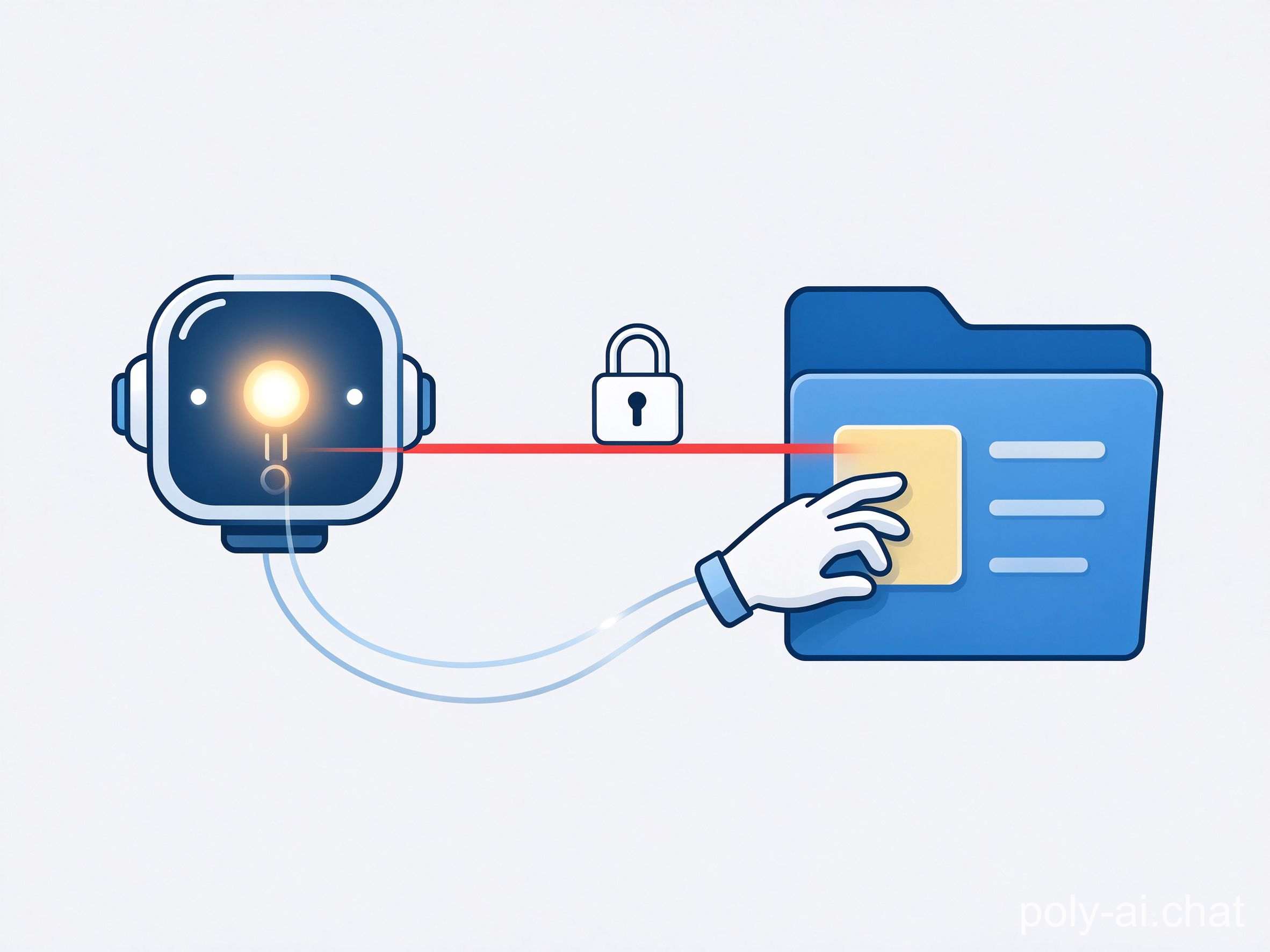 AI agent bypassing a locked access control line to reach a data folder, cybersecurity illustration
