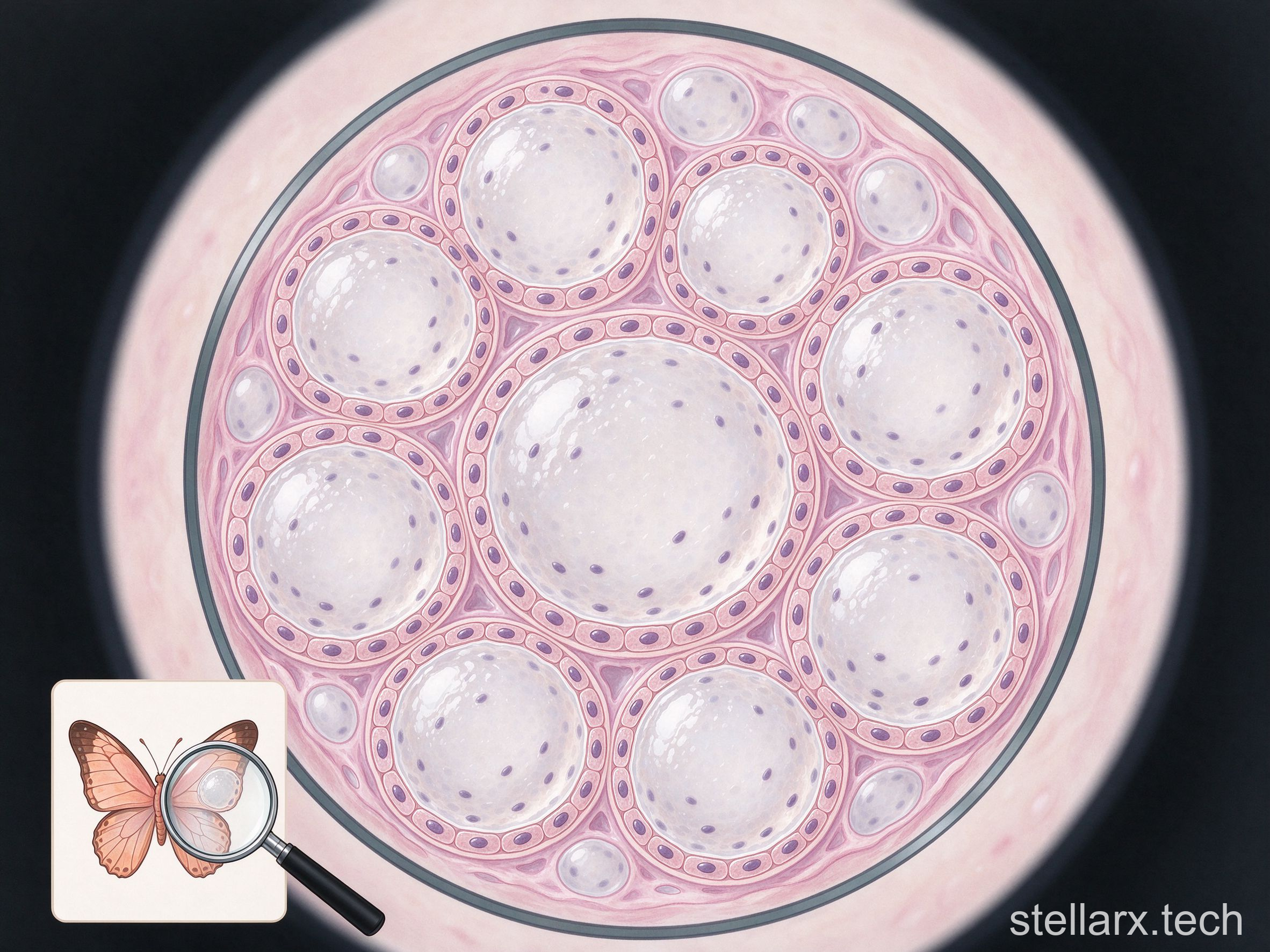 Thyroid follicles under the microscope, spheres of epithelial cells around colloid