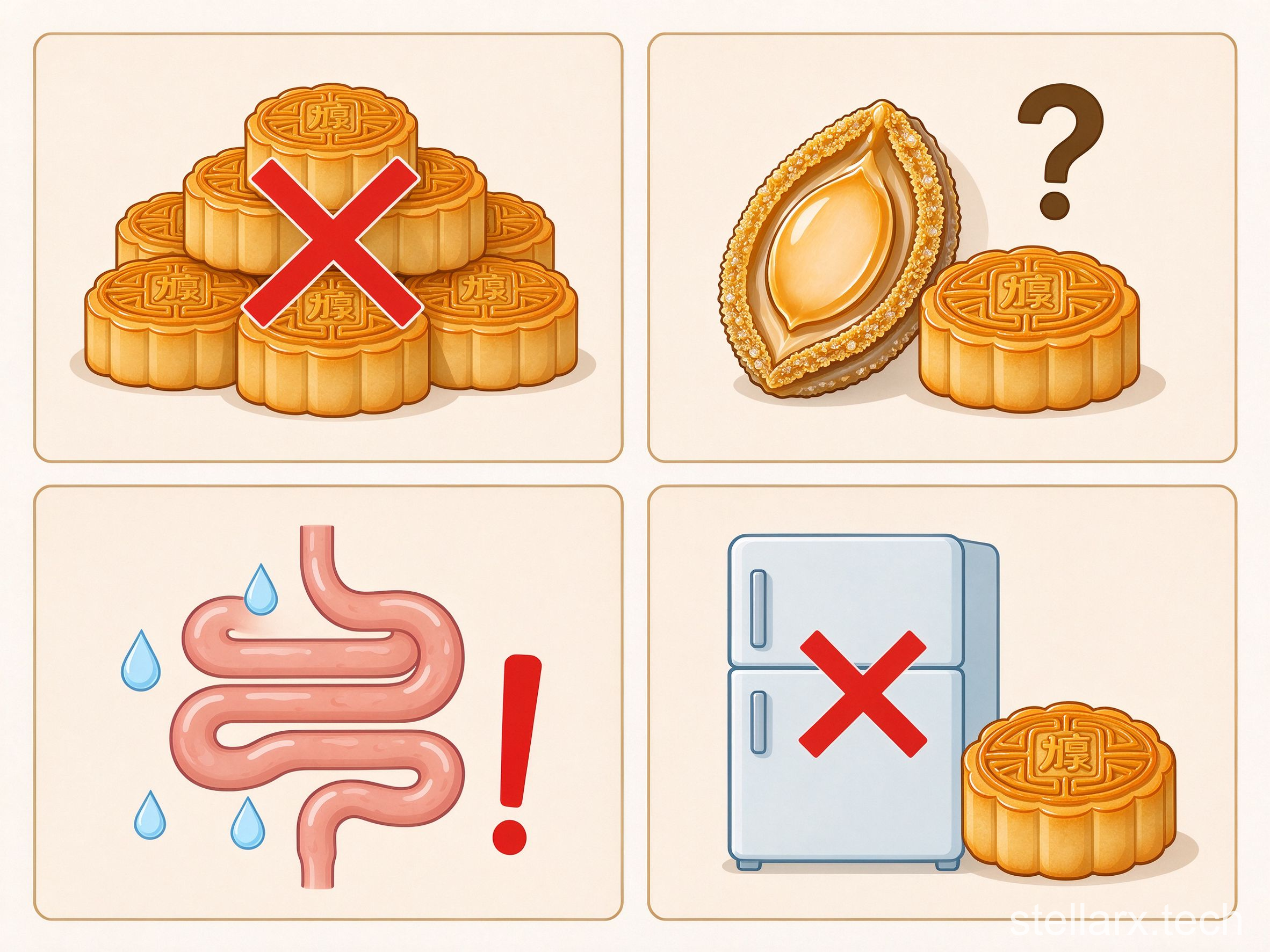 Four mooncake misconception cards: overeating, expensive equals healthy, sugar-alcohol diarrhea, refrigerating