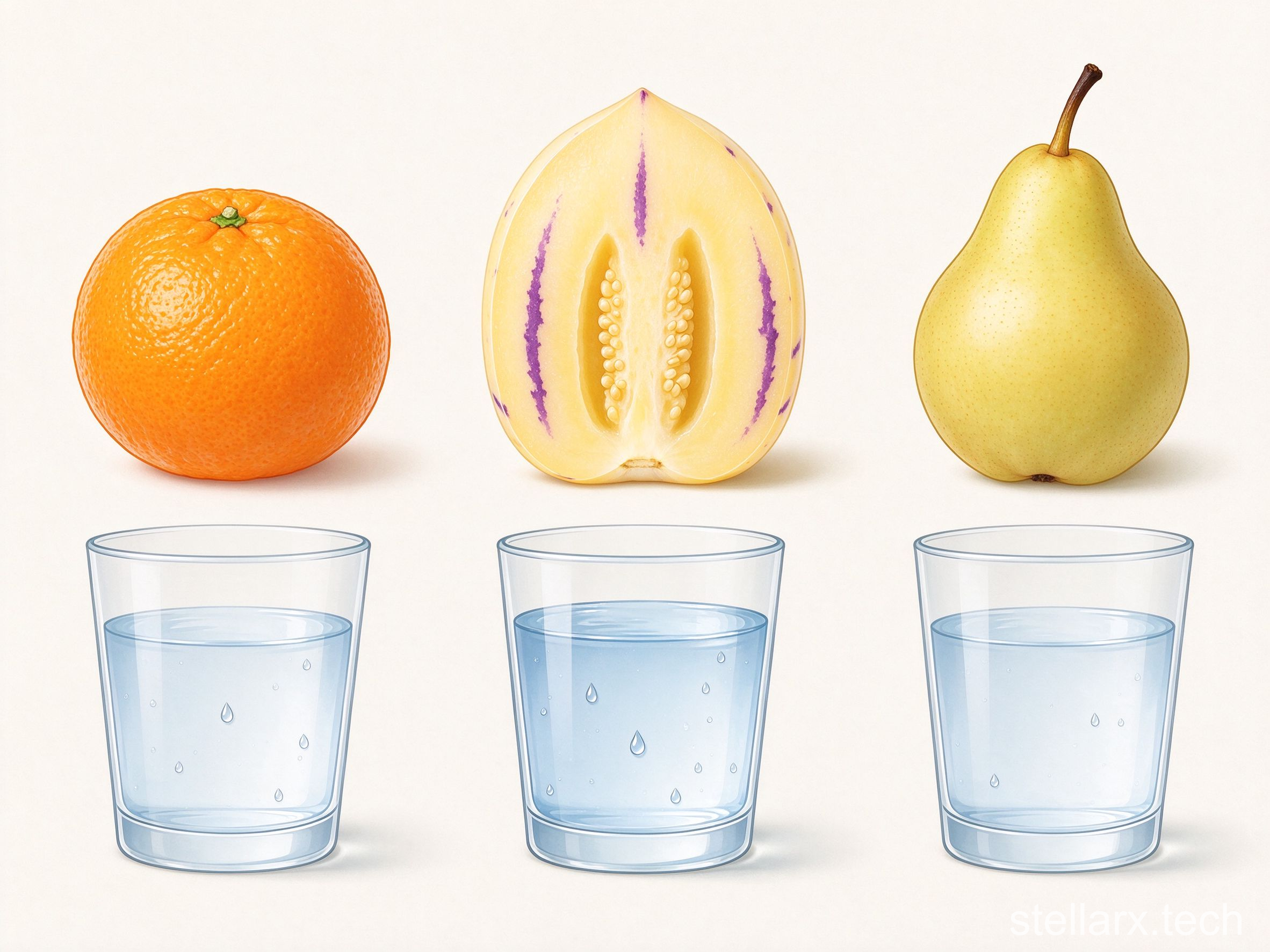 Pepino melon, orange, and pear with water glasses showing high water content