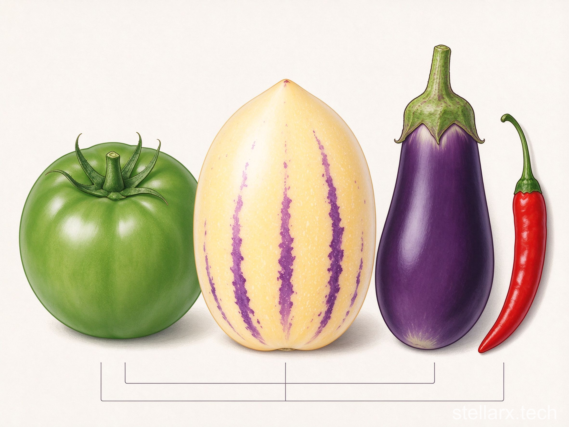 Pepino melon with tomato, eggplant, and chili — nightshade family fruits compared