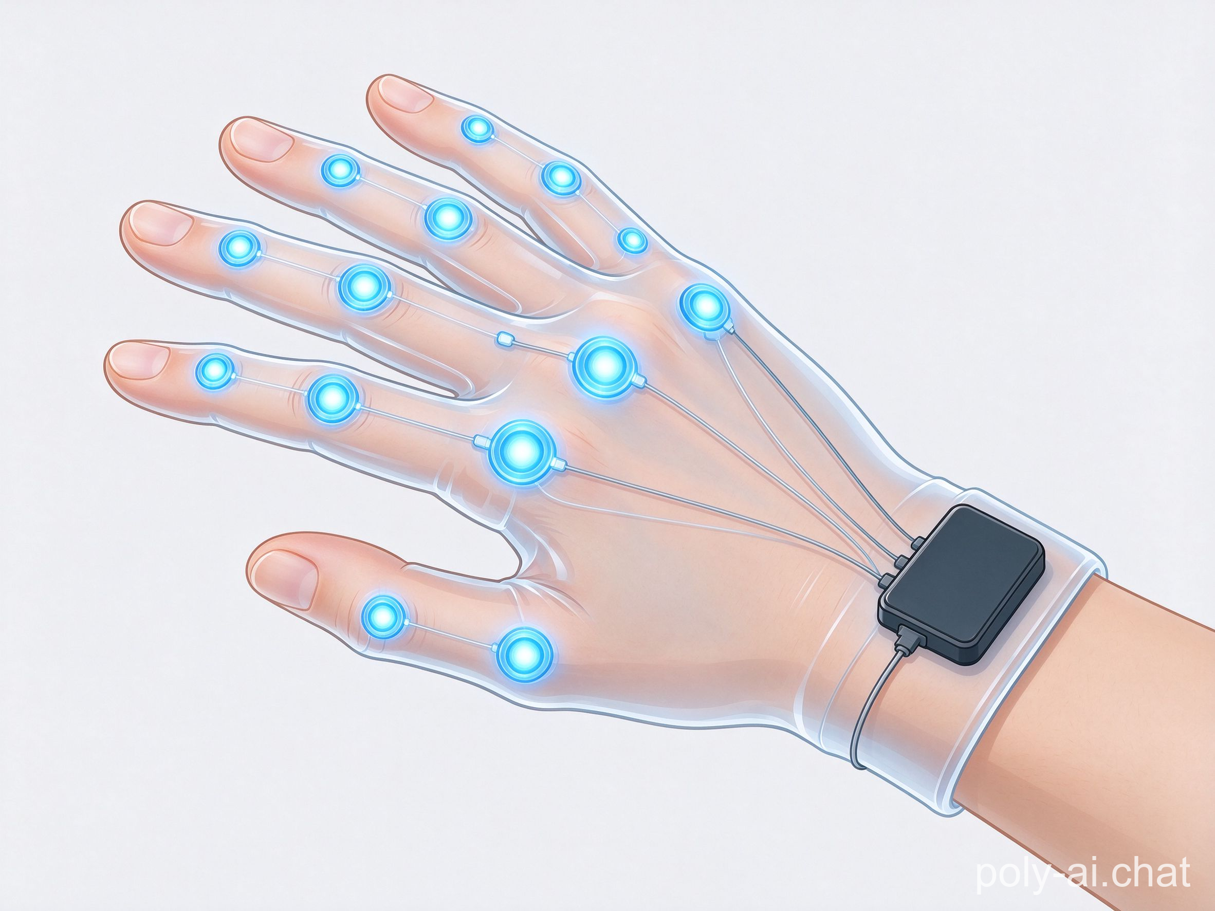 Flexible sensor glove on a hand with blue sensor dots and wrist module, 800 Hz data glove illustration