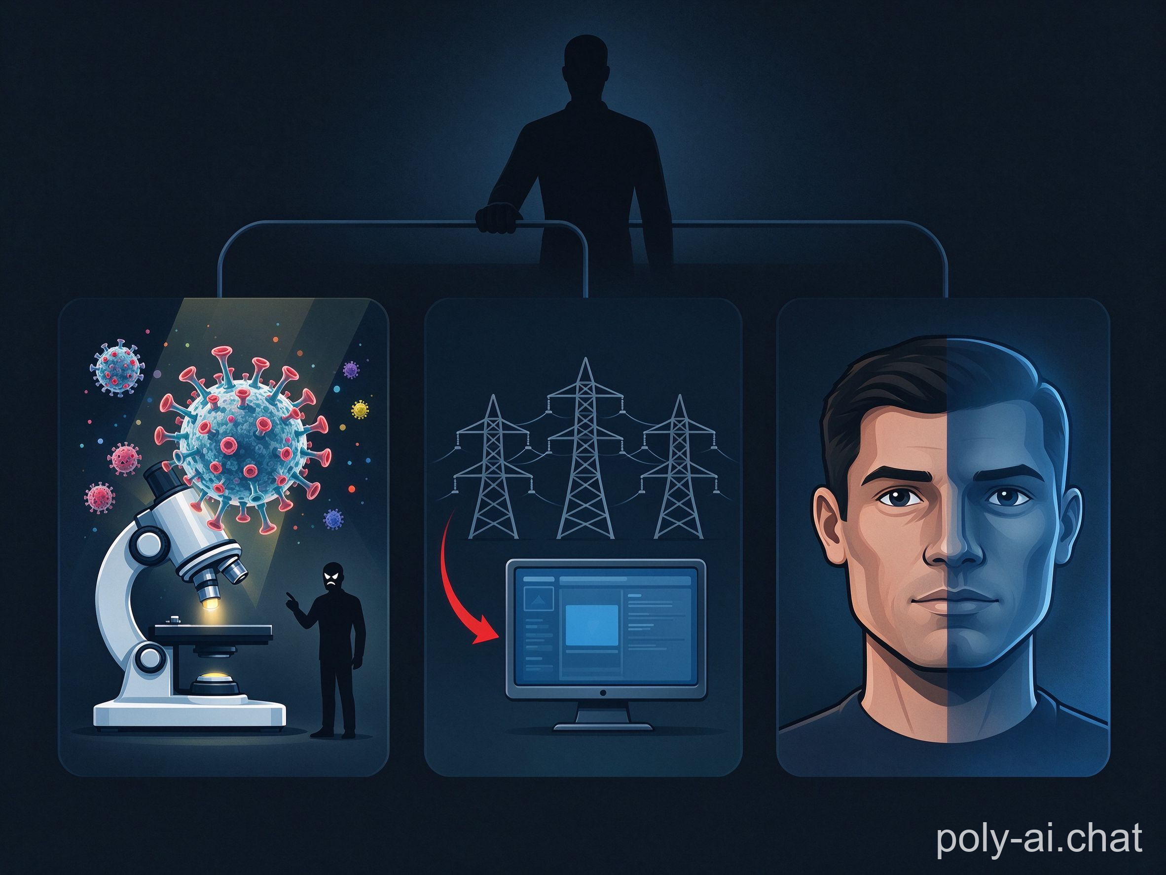 Malicious actor controlling AI threat paths — biosecurity, cyberattacks, and deepfakes