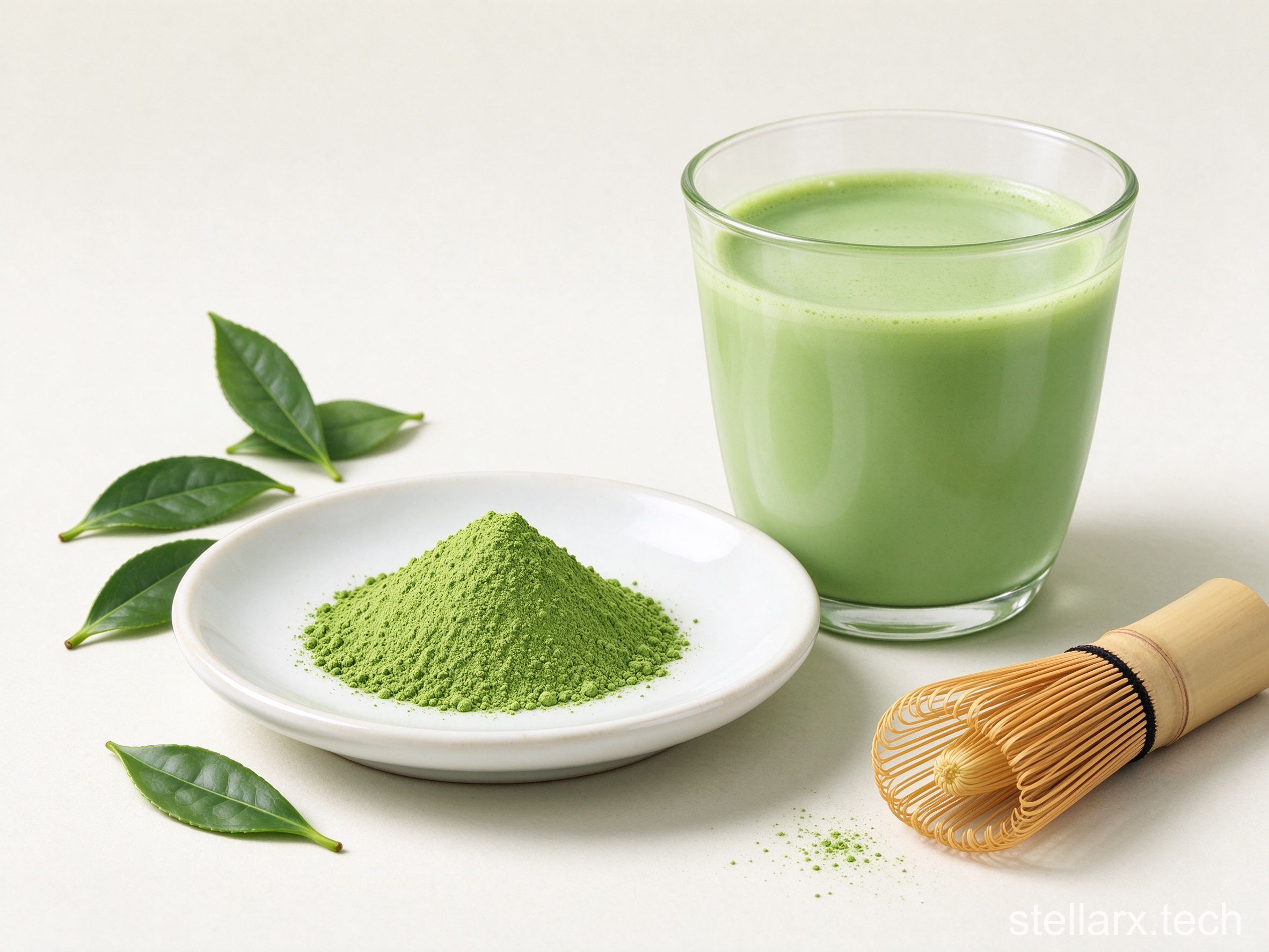 Spoonful of green matcha powder beside a glass of matcha drink