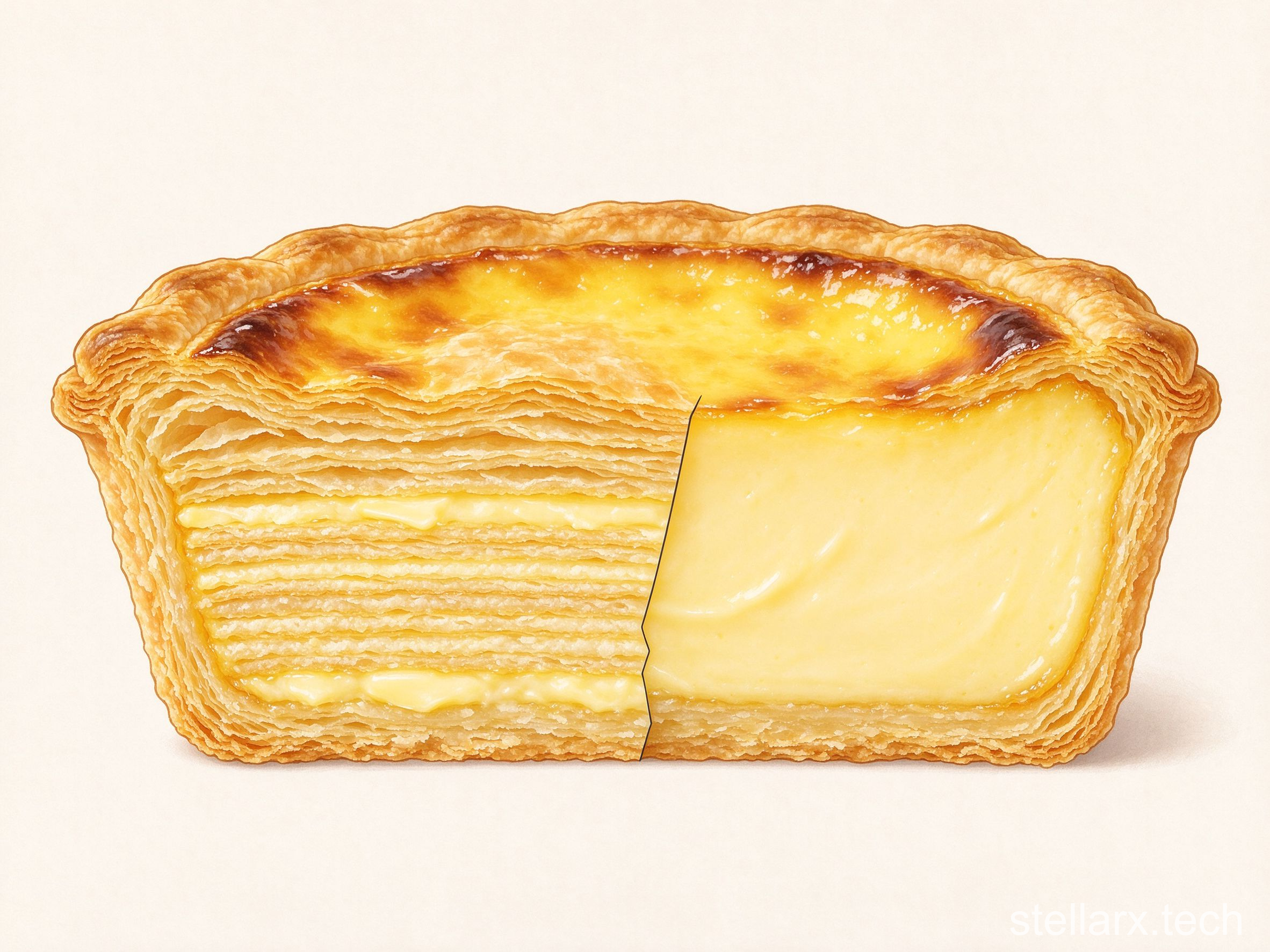 Long egg tart cross-section showing flaky butter layers and thick custard filling
