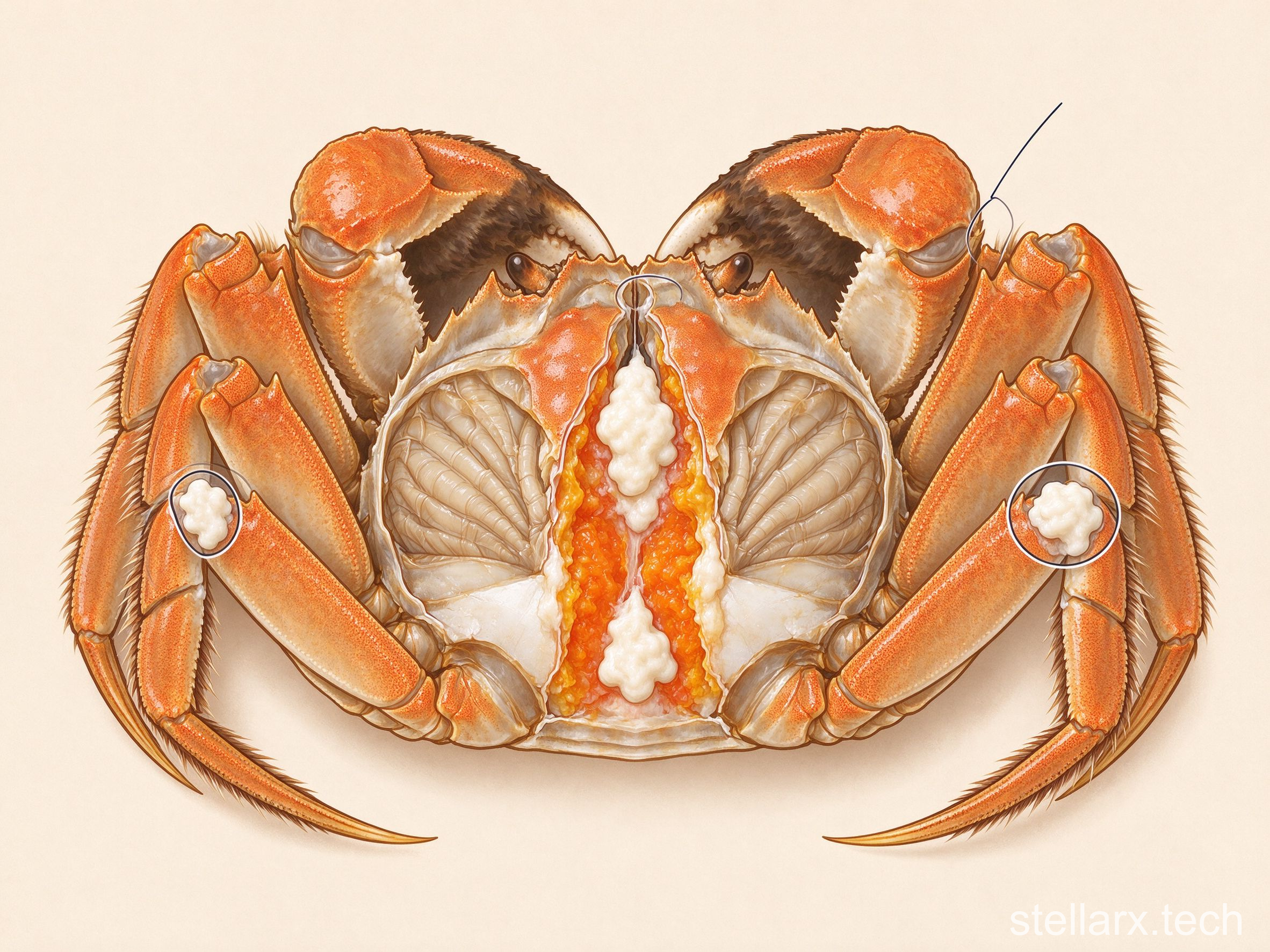 Steamed crab anatomy illustration with white coagulated hemolymph at shell seams