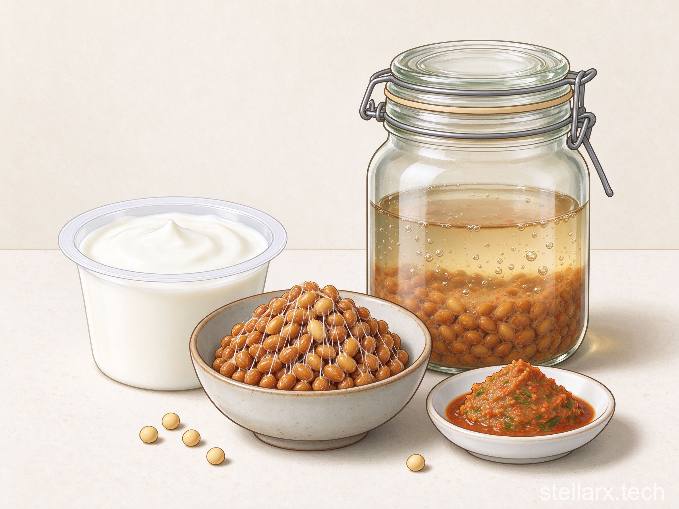 Fermented foods — yogurt, natto, miso, and a fermenting jar