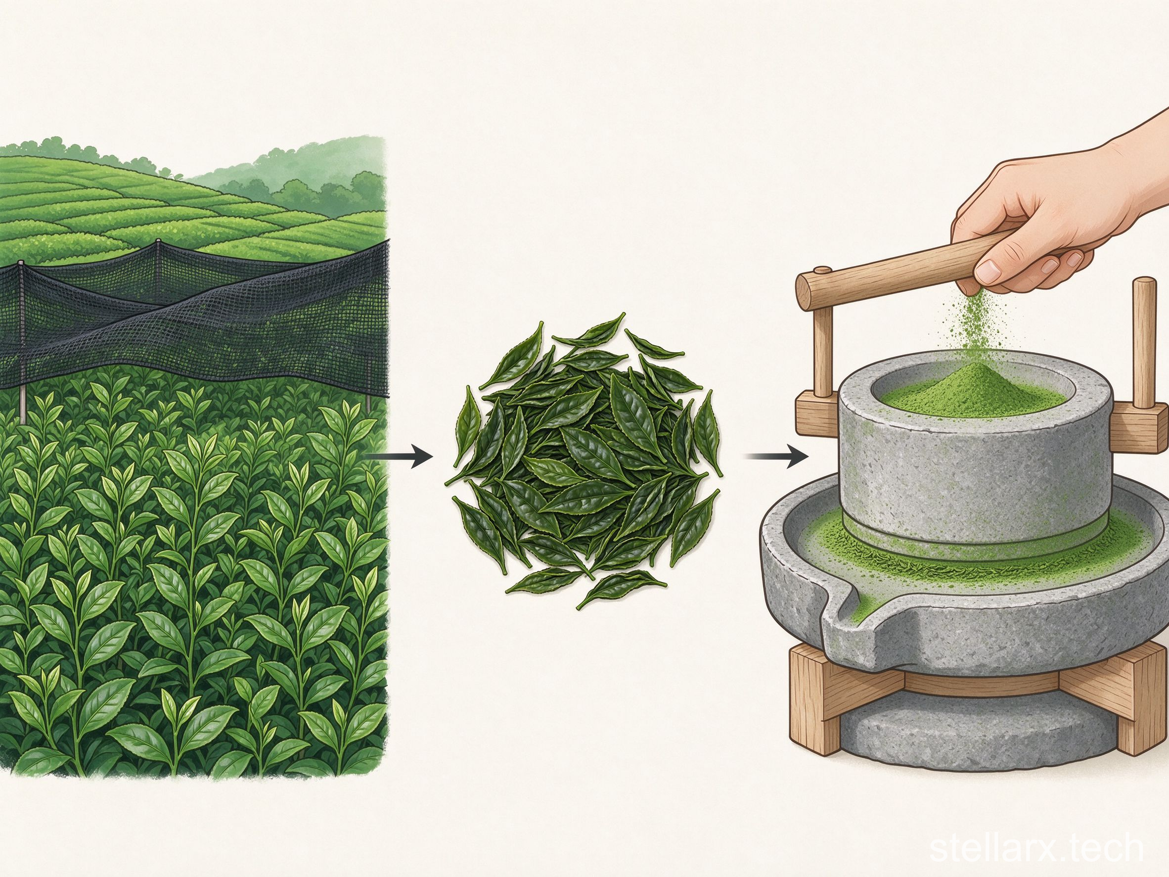 Shade-grown tea leaves, steamed leaves, and stone milling into matcha powder