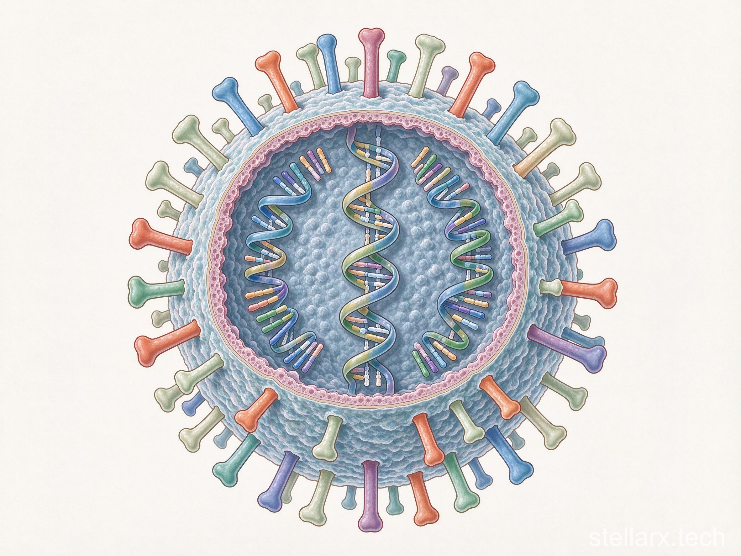 Influenza virus particle structure with surface spikes and RNA genome