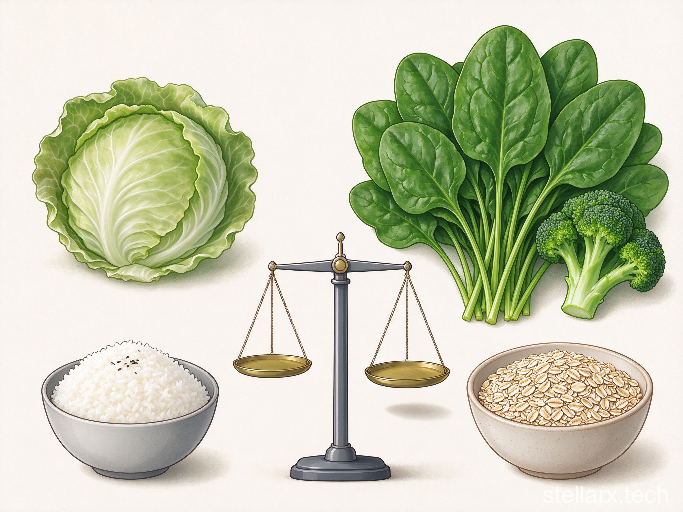 Nutrient density comparison on a balance — cabbage and white rice vs spinach, broccoli, oats