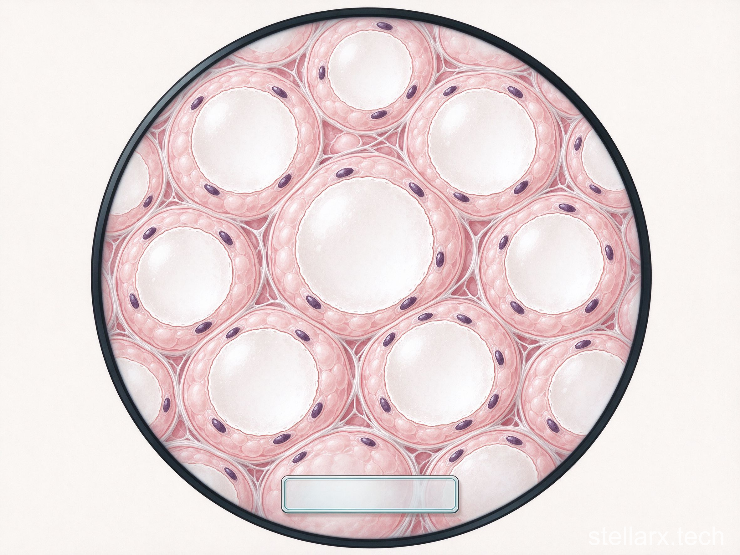 Human adipose tissue under microscope, fat cells with large lipid droplets