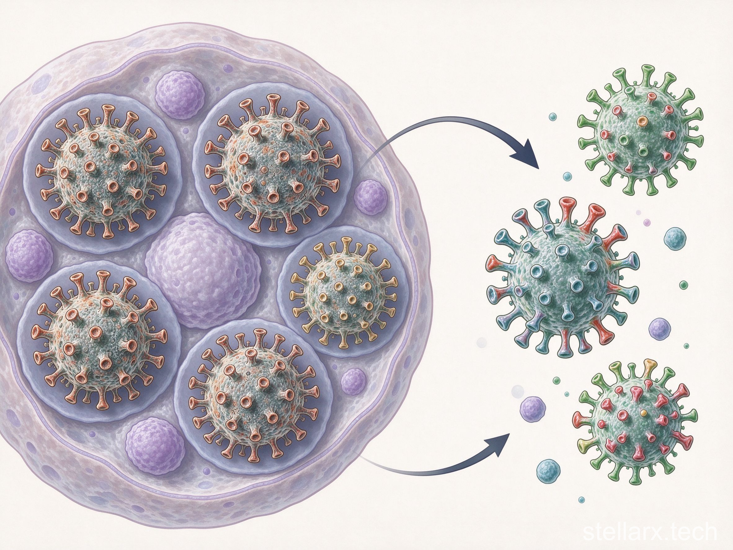 Viruses changing shape as immune cells fail to recognize them, antigenic drift illustration