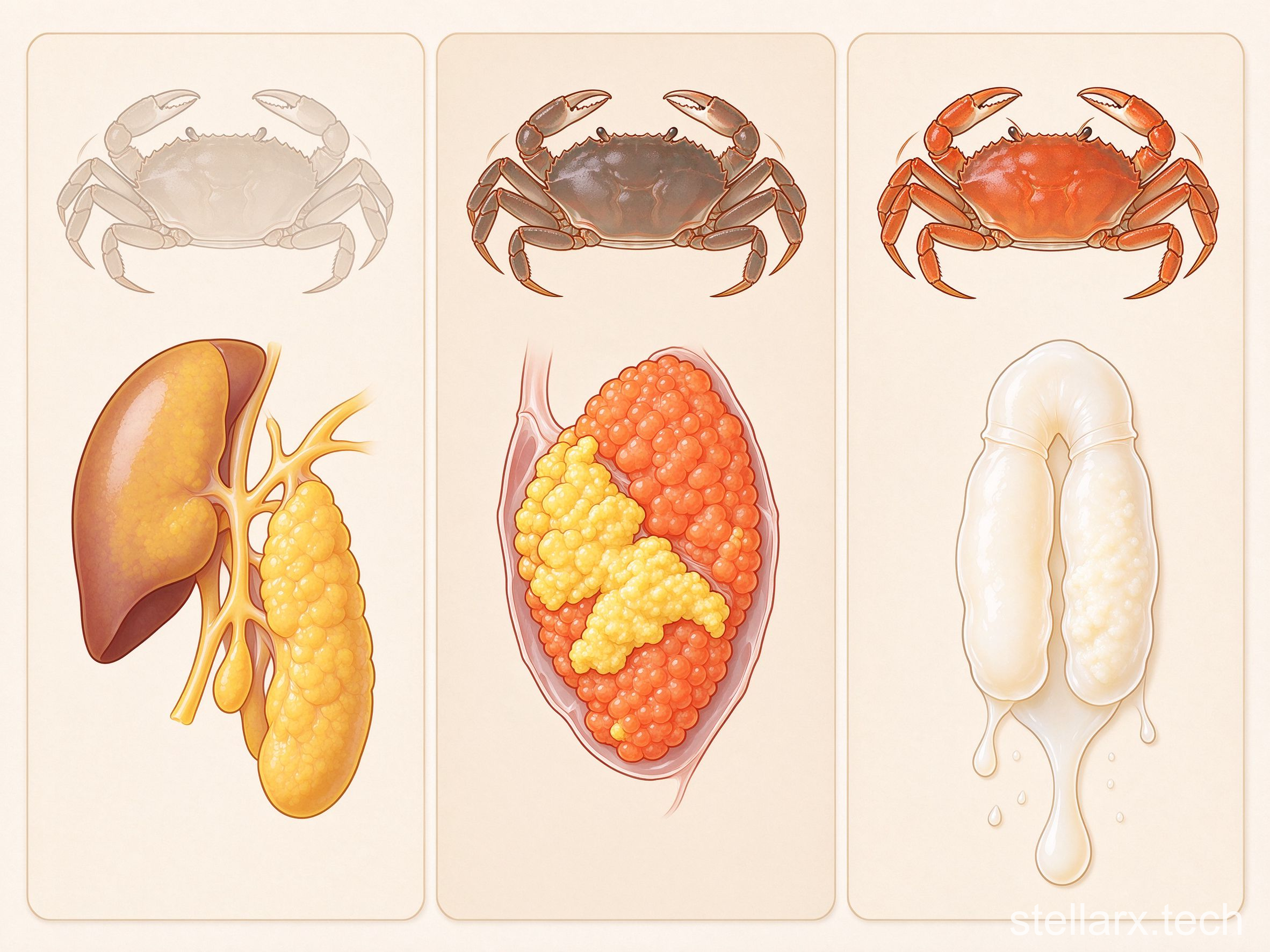 Crab roe and paste origins — hepatopancreas, ovary, and sperm sac