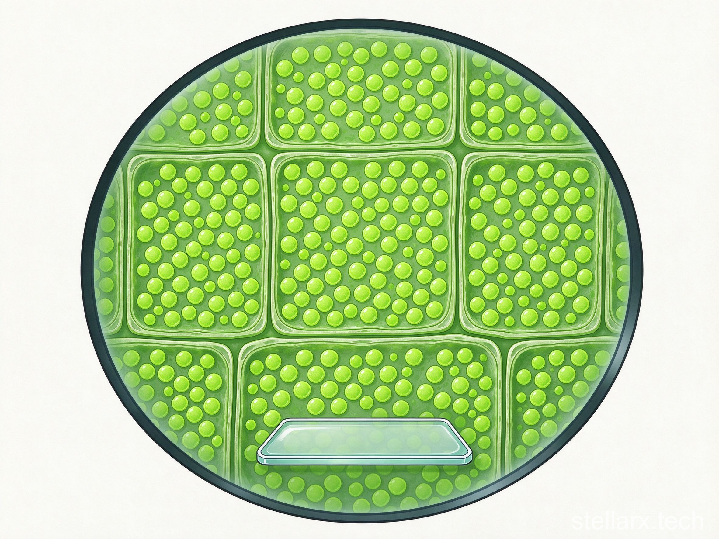 Hydrilla leaf cells under microscope, green chloroplasts inside plant cells