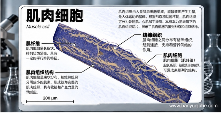 赫鲤显微镜真实肌肉组织数字切片示意图，展示肌纤维排列、肌肉组织结构及周围结缔组织，帮助观察骨骼肌的微观形态，了解肌肉收缩与力量产生的结构基础。般芸聚合生物科普。.png