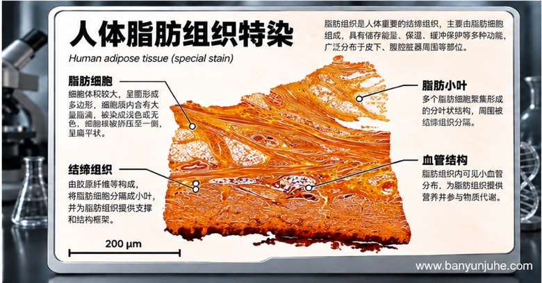 赫鲤显微镜人体脂肪组织特染数字切片示意图，展示脂肪细胞、脂肪小叶、结缔组织与血管结构，帮助了解人体脂肪组织的微观形态及其储能功能。般芸聚合生物科普。.png