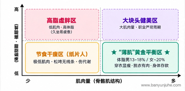 薄肌理论肌肉量与体脂率四象限分析图，展示高脂虚胖、节食干瘦、大块头健美及薄肌平衡四种体型，帮助理解肌肉与脂肪比例对体态的影响。赫鲤显微镜生物科普，般芸聚合。.png