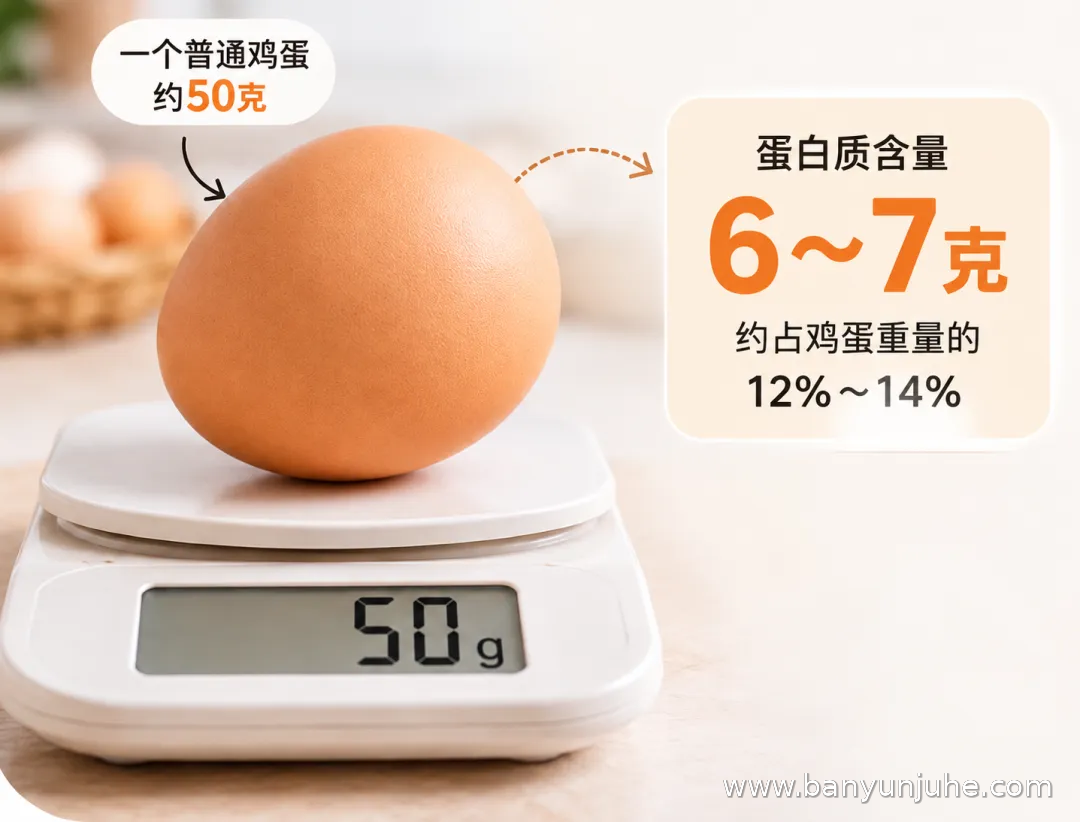 一个普通鸡蛋约重50克，含有6至7克优质蛋白质，展示鸡蛋的营养价值及蛋白质含量，般芸聚合健康科普